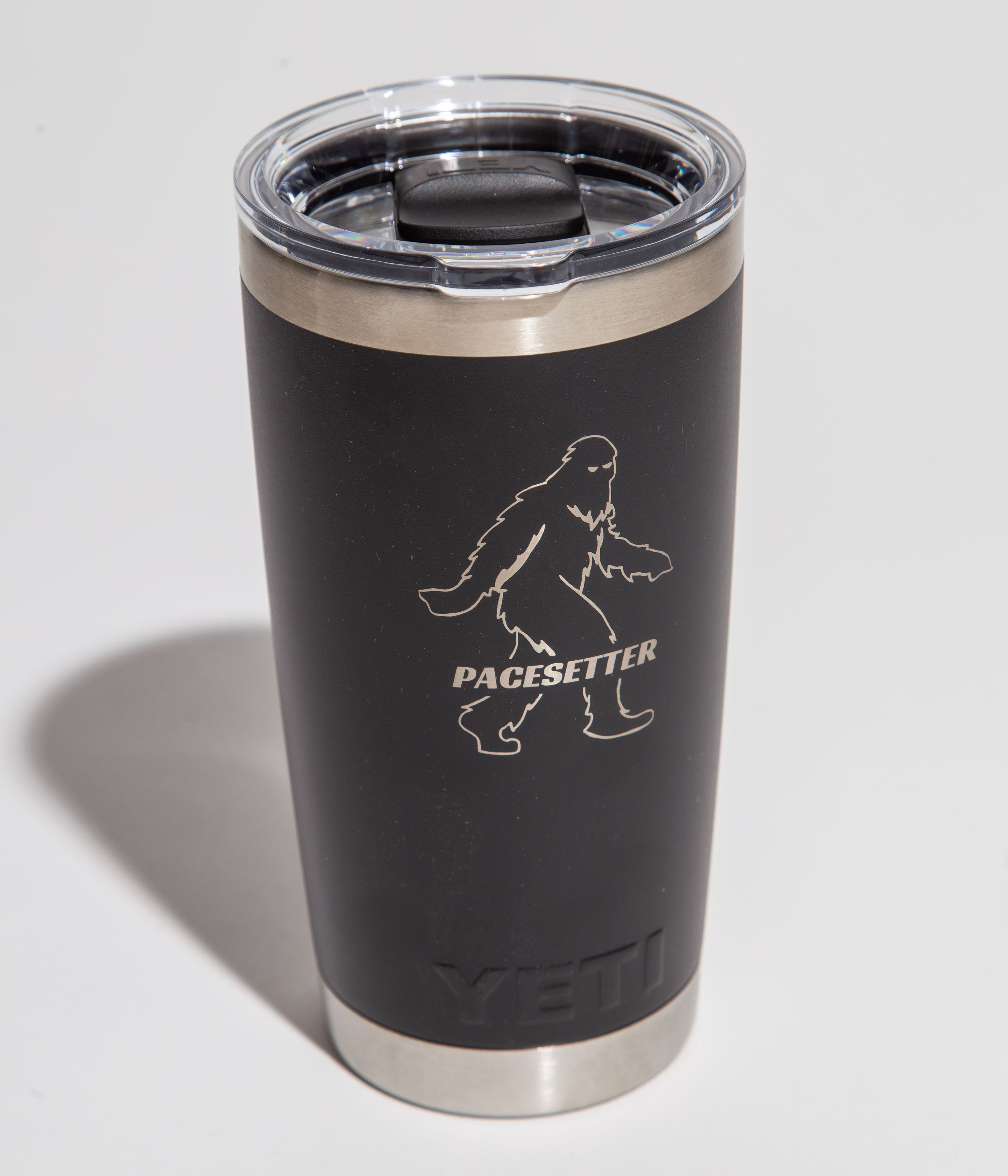 Black Yeti tumbler with Pacesetter logo featuring a Bigfoot silhouette.