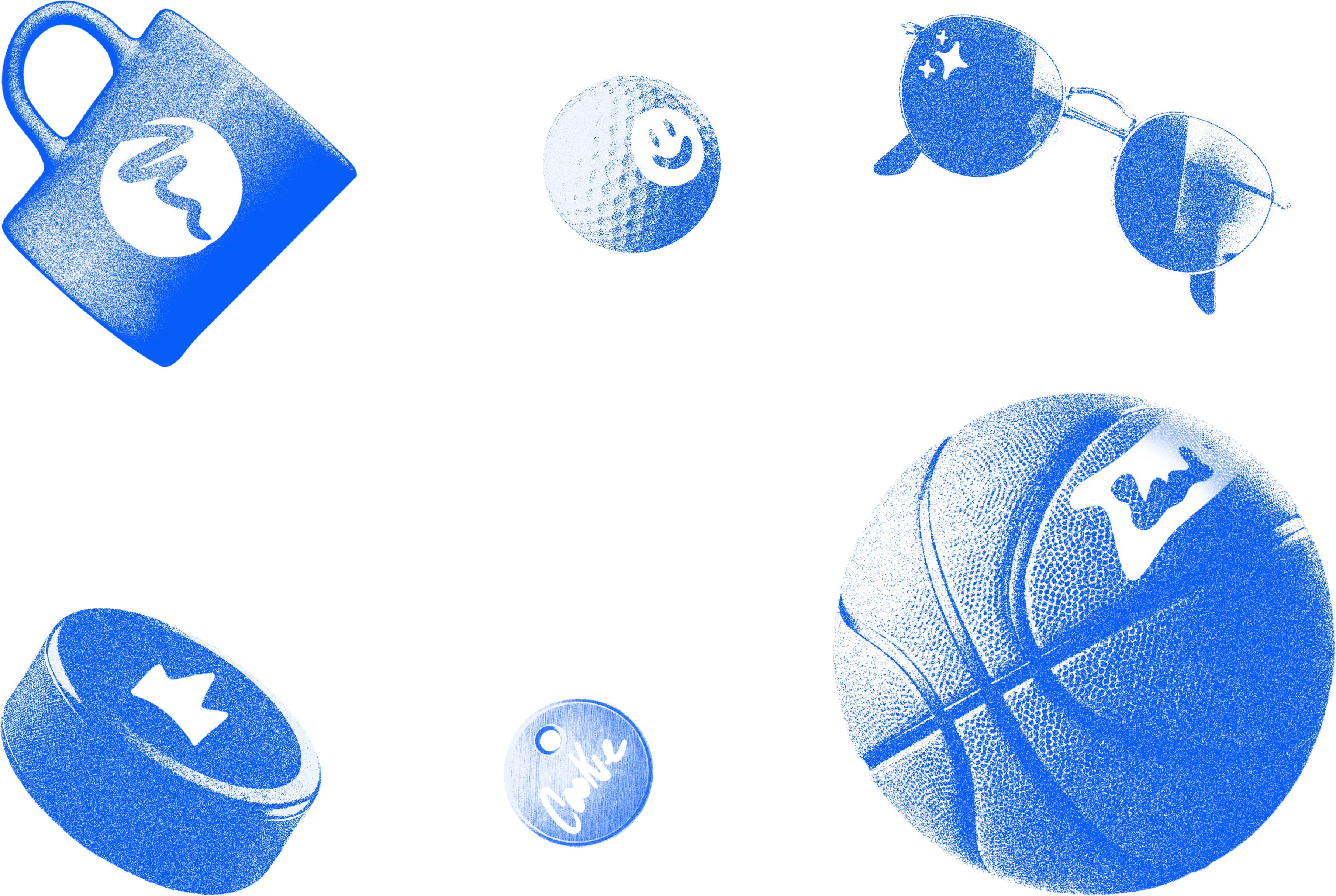 blue textured risograph styled items with graphics printed on them. The items include a coffee mug, a golf ball, sunglasses, hockey puck, dog tag and basketball