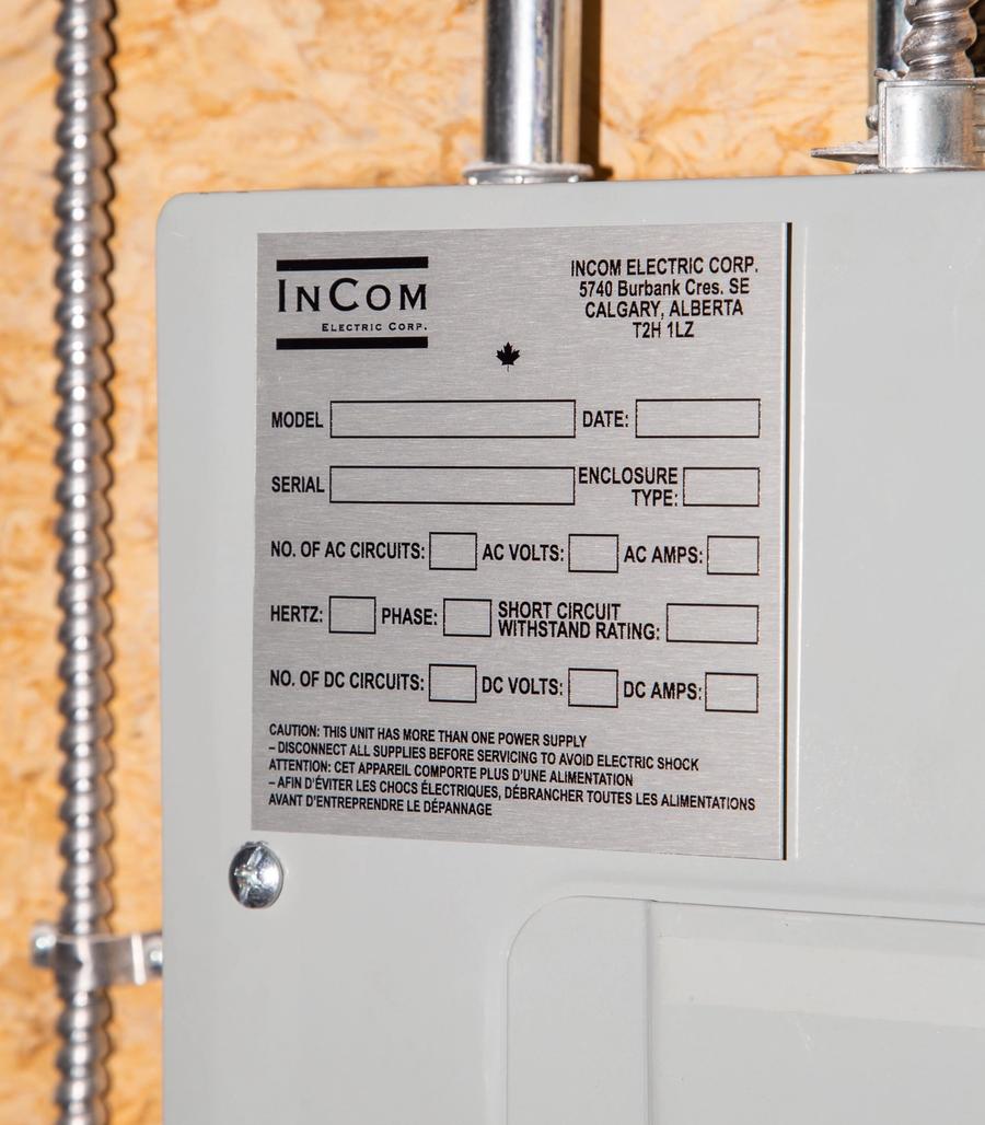 InCom Electric custom panel label with technical specifications by Tributes Group