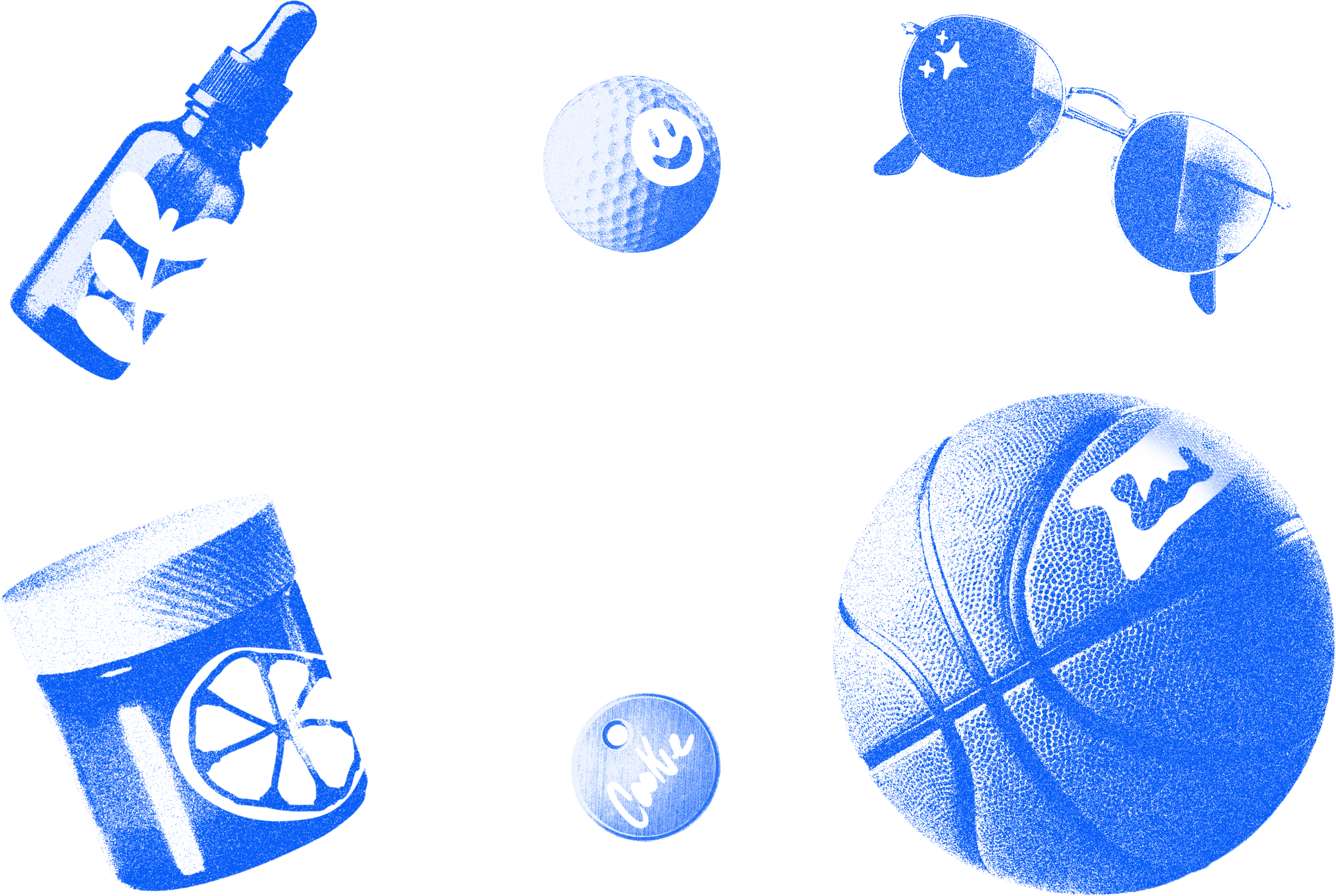 Blue textured graphics of a dropper bottle, golf ball, sunglasses, basketball, drink glass, and a circular tag on a transparent background.