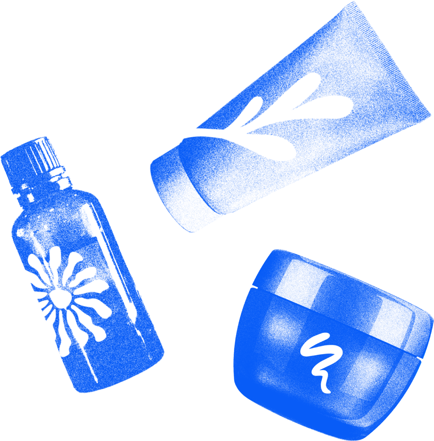 Monochromatic blue textured design of personal care products, including a dropper bottle with a floral design, a squeezable cream tube with a splash graphic, and a cosmetic jar with a curving abstract logo.