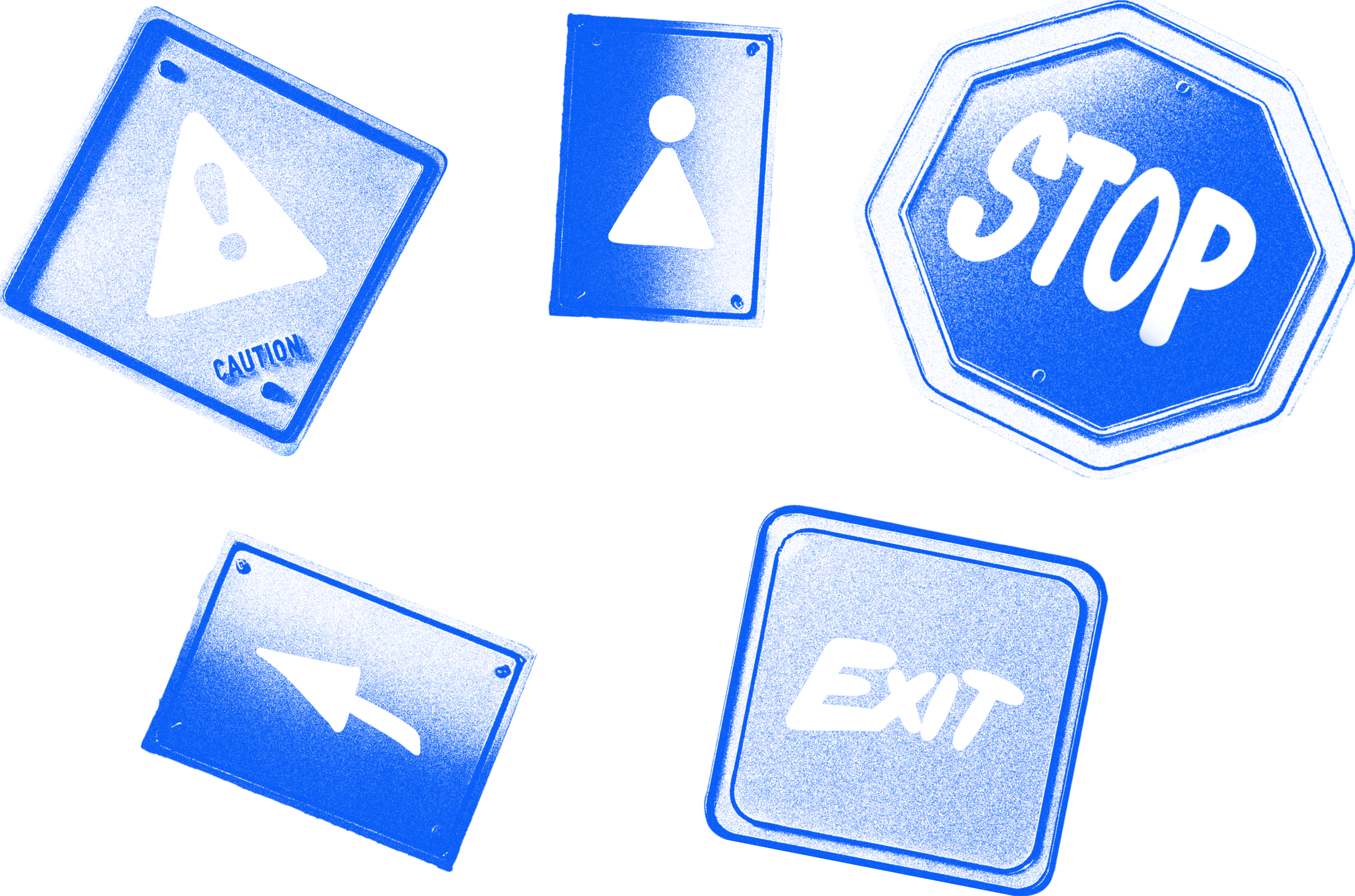 Monochromatic risograph-styled blue silhouettes of various signs, including a caution sign, restroom symbol, stop sign, arrow, and exit sign, displayed on a transparent background.