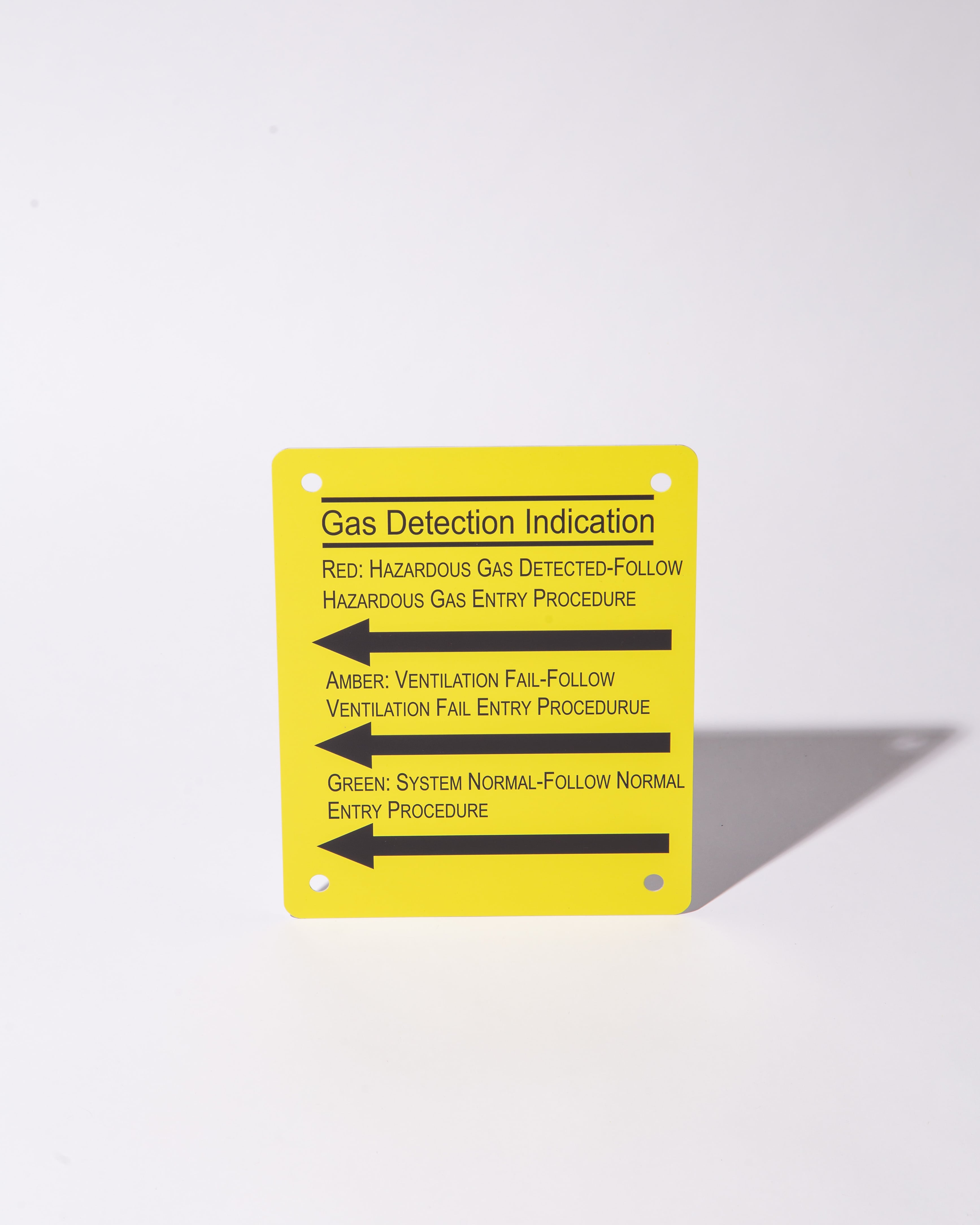 Yellow gas detection indication sign with instructions for red, amber, and green alerts.