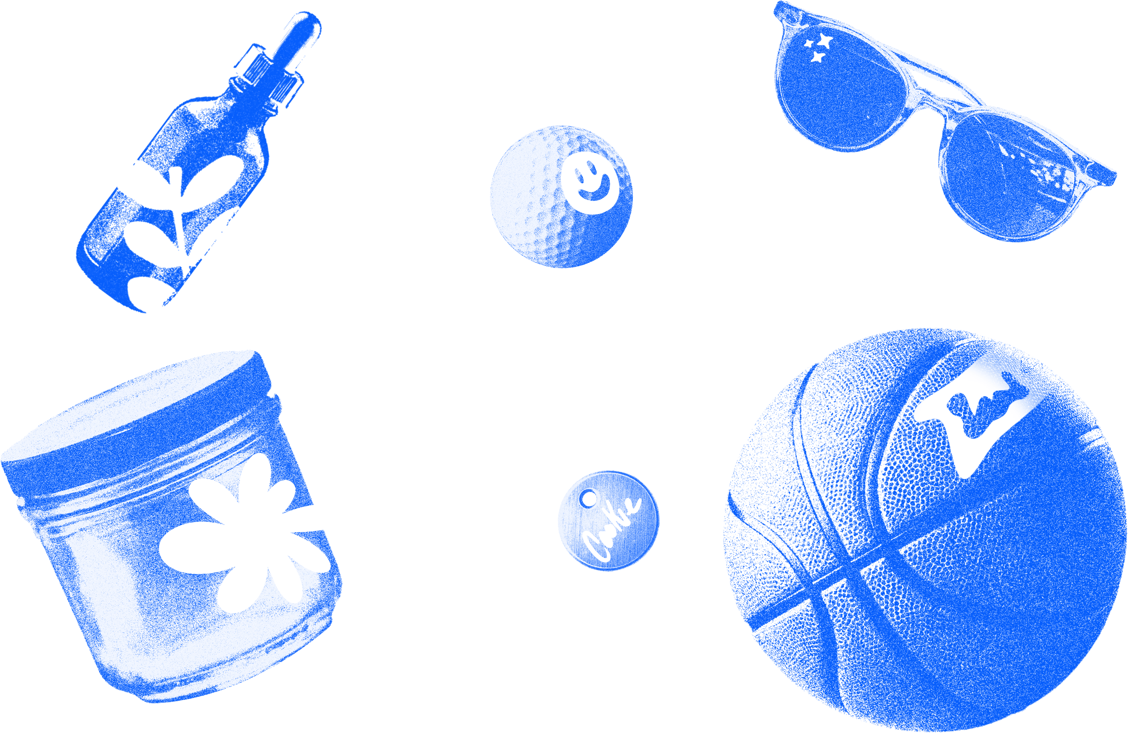 A risograph-style illustration showcasing various products that can be custom-printed, including an eyedropper bottle, a jar, a dog tag, a golf ball, sunglasses, and a basketball. The minimalist blue and black design highlights the range of items suitable for branding and customization.