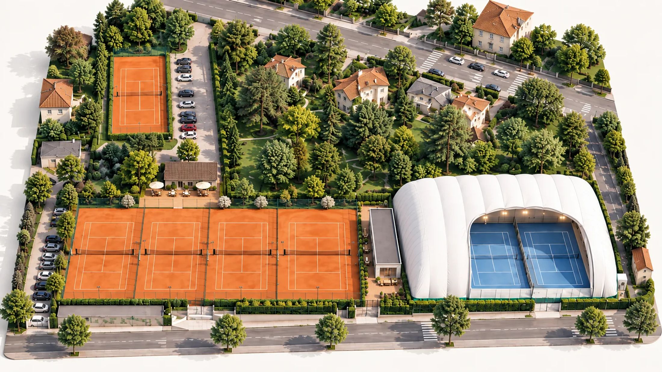Vue illustrée en 3D des installations du Tennis Club de Bourg : en haut à gauche, un court en terre battue avec la rangée de places de parking à sa droite ; en bas, quatre courts en terre battue côte à côte ; au-dessus des quatre courts, le club-house et sa terrasse face aux courts ; entre les courts et la bulle, le bâtiment des vestiaires ; à droite, la bulle blanche couverte qui abrite deux courts bleus en résine ; l’avenue Amédée Mercier en haut et la rue du Cordier en bas.