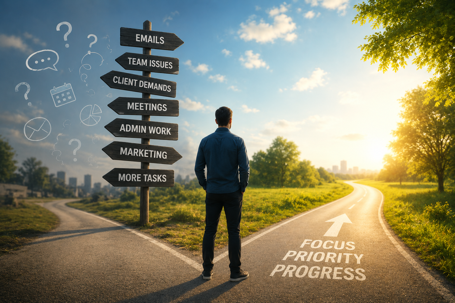 A man at a crossroads chooses a sunlit path of focus over a signpost of distractions, illustrating the clarity of the Top10Q productivity app.