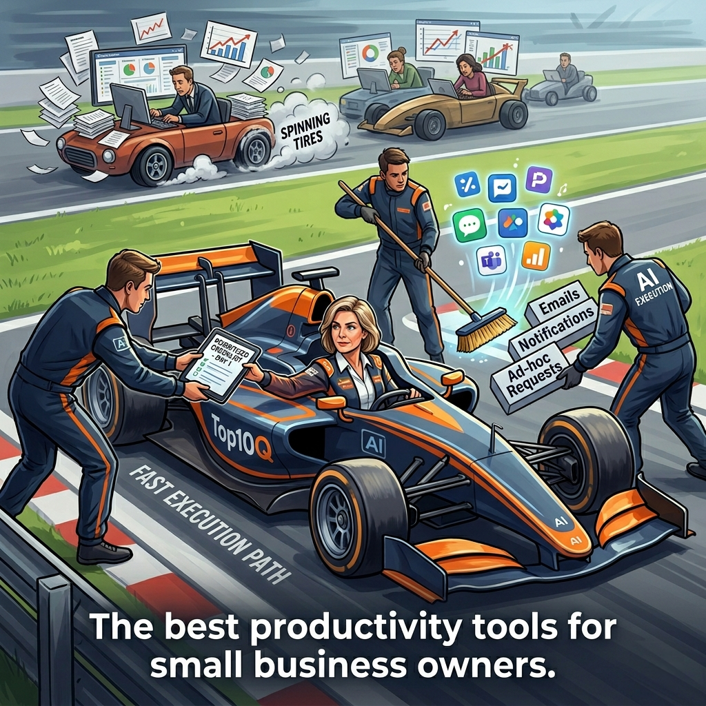 Business owner in a Formula 1 style pit stop using AI productivity tools to improve execution and prioritize work faster.