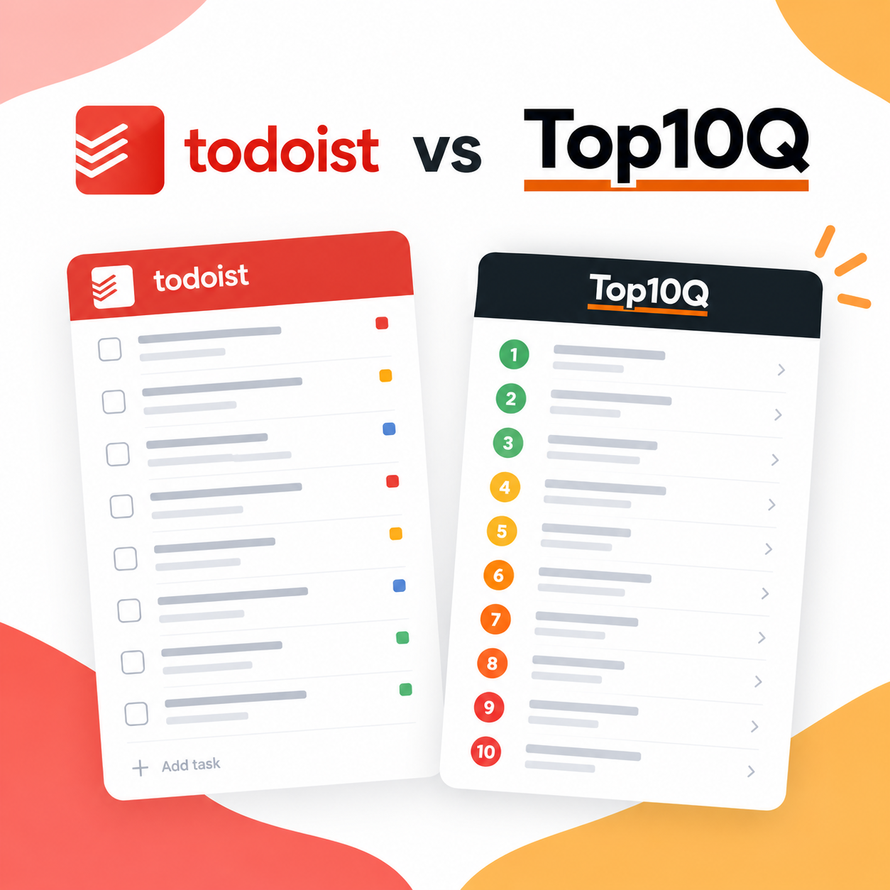 Todoist vs Top10Q comparison showing a detailed task list beside a focused Top 10 task list