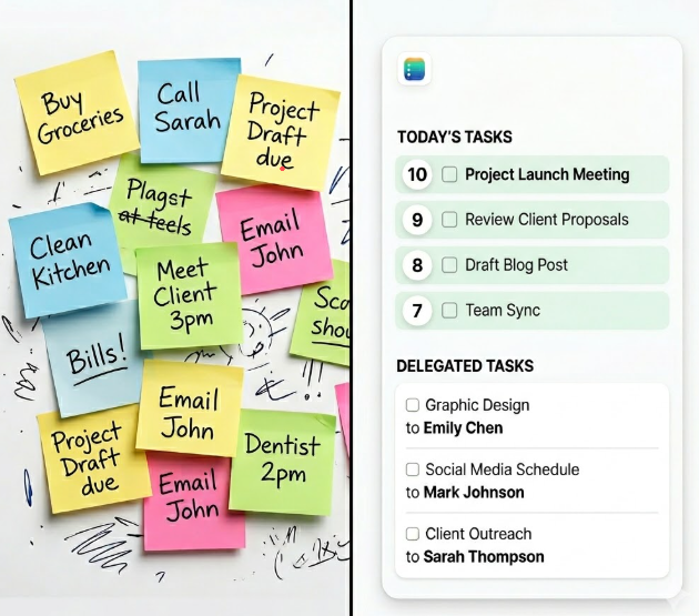 A split-screen comparison: a messy collage of paper sticky notes on the left, and a clean digital to-do app on the right.