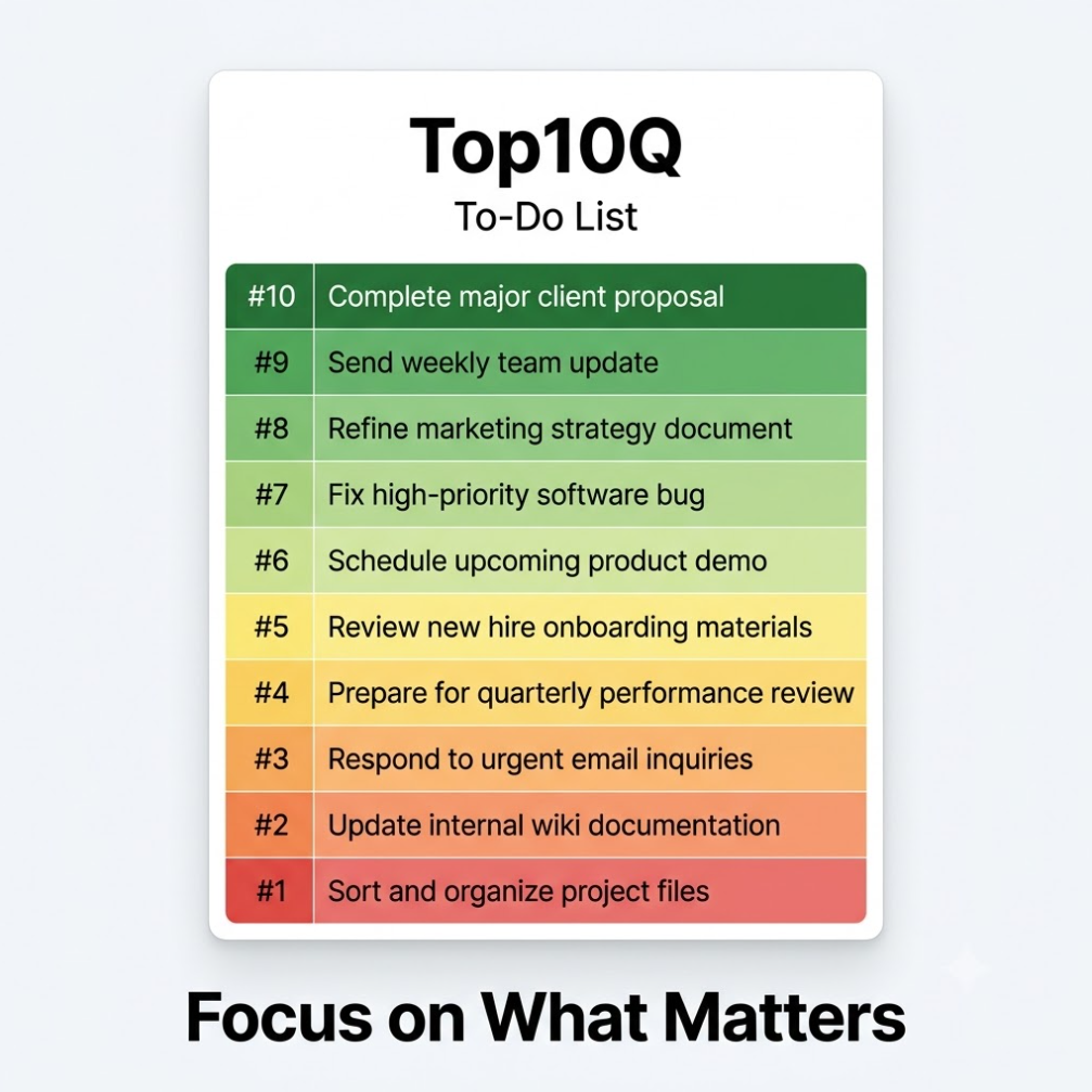 A minimalist "Top10Q" to-do list graphic displaying ten color-coded tasks ranked from priority #10 (dark green) to #1 (red), with the slogan "Focus on What Matters" below.