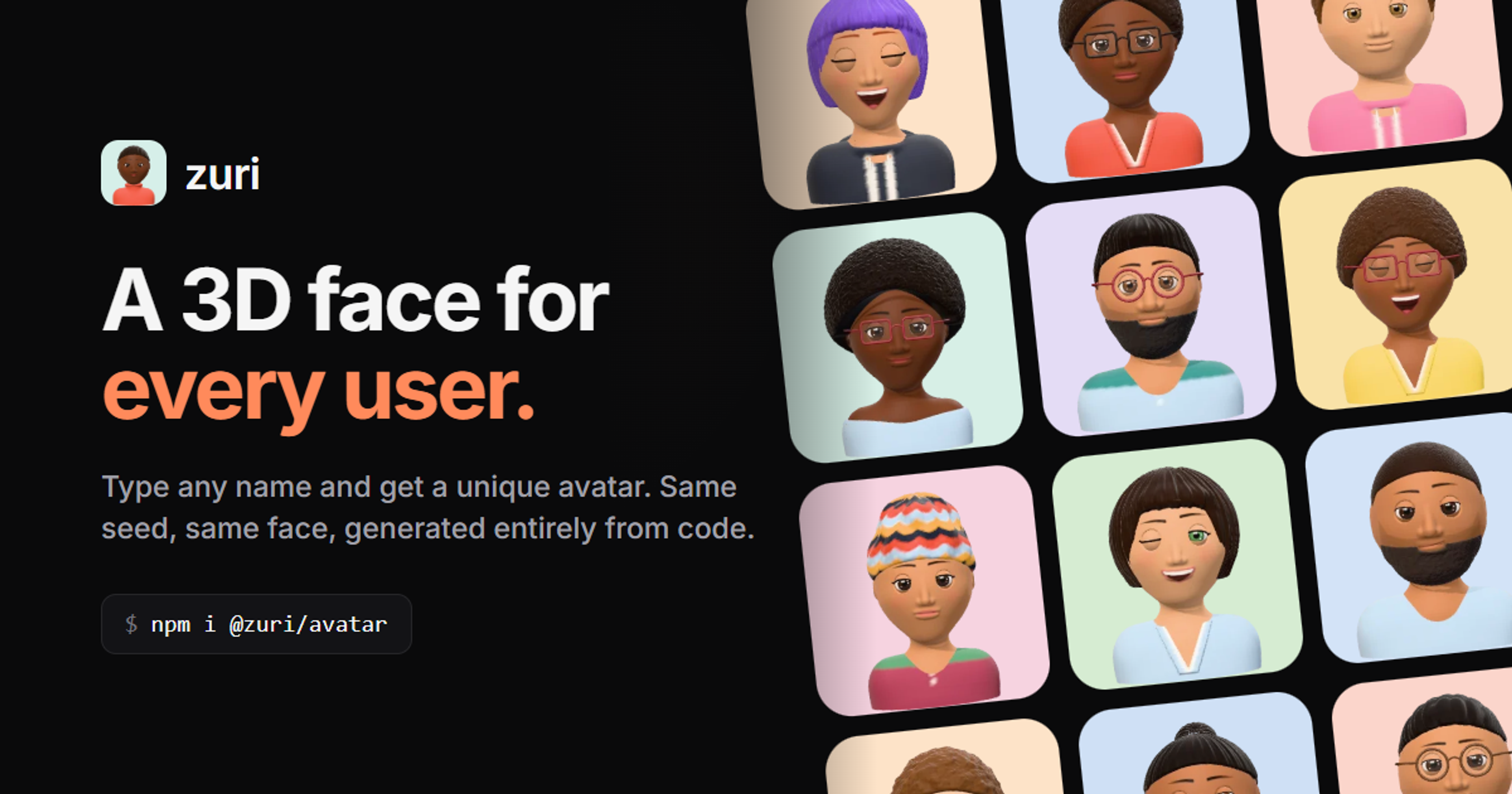 Zuri title card: "A 3D face for every user" next to a grid of colourful 3D avatars