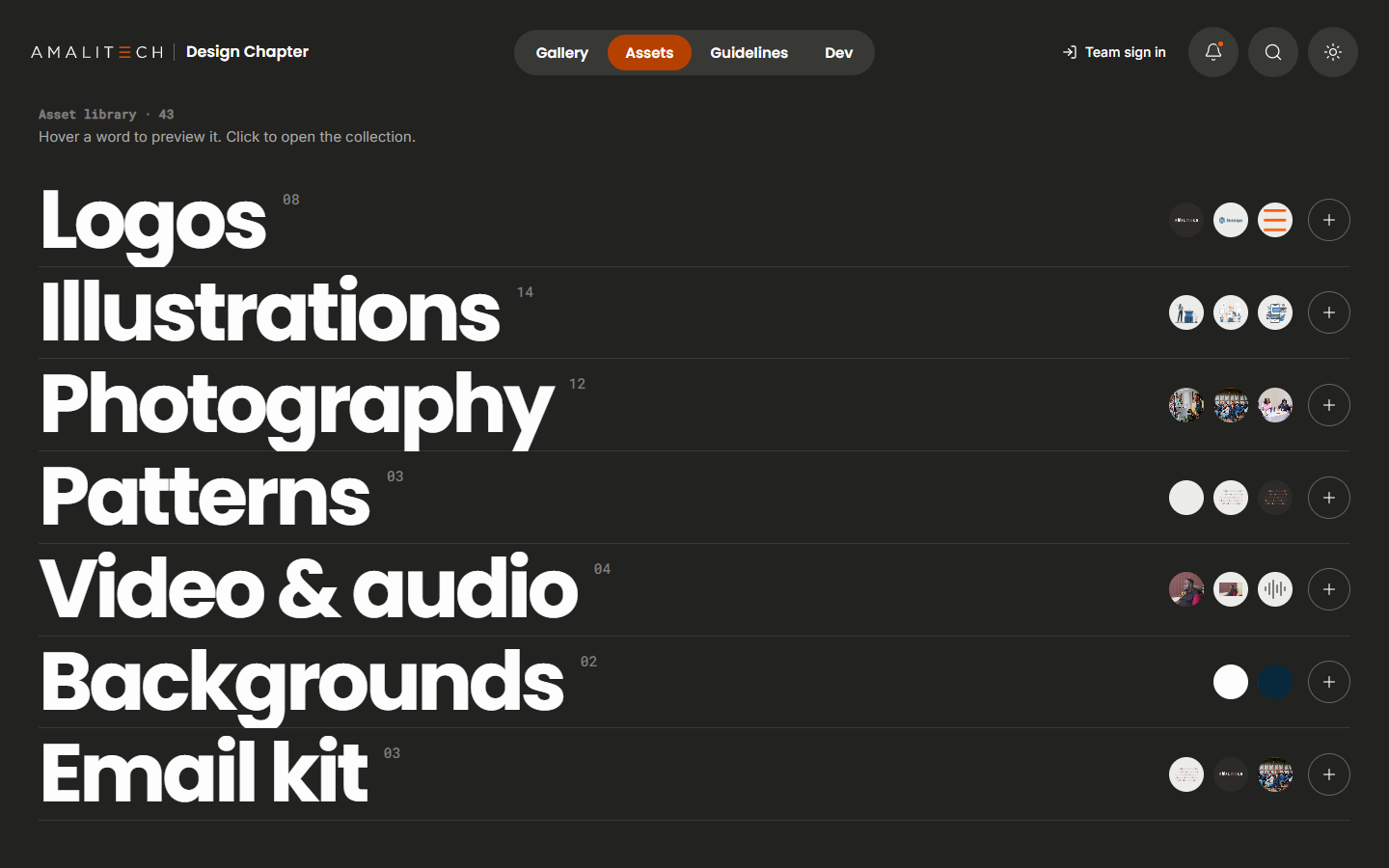 The asset library as a typographic index: Logos, Illustrations, Photography, Patterns, Video & audio, Backgrounds, Email kit