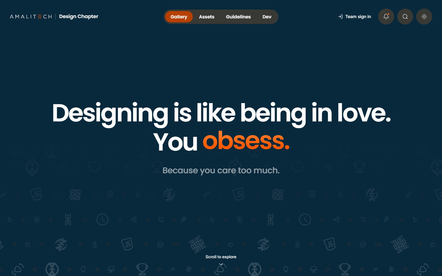 The Design Chapter Hub hero on navy: “Designing is like being in love. You obsess.”