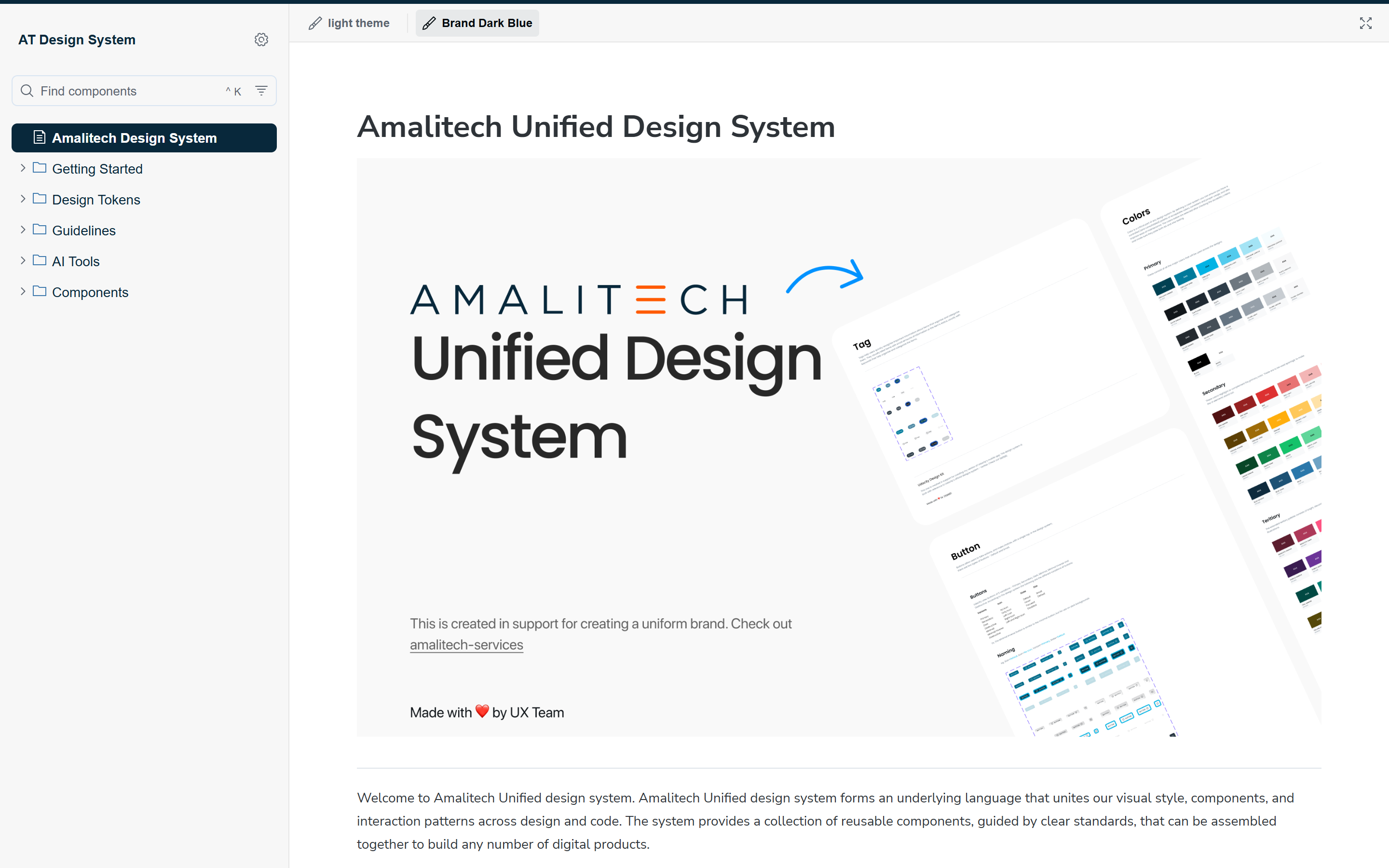 The AmaliTech Unified Design System’s Storybook, open on its introduction page