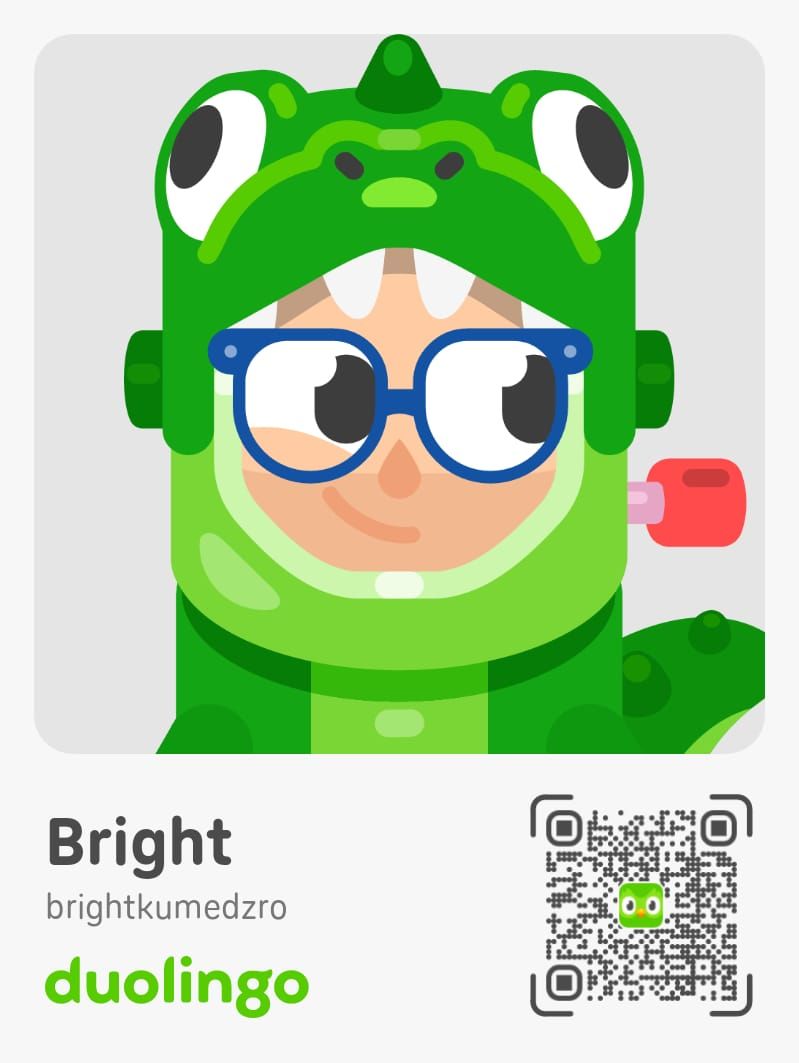 Duolingo profile card for Bright Kumedzro, with a QR code