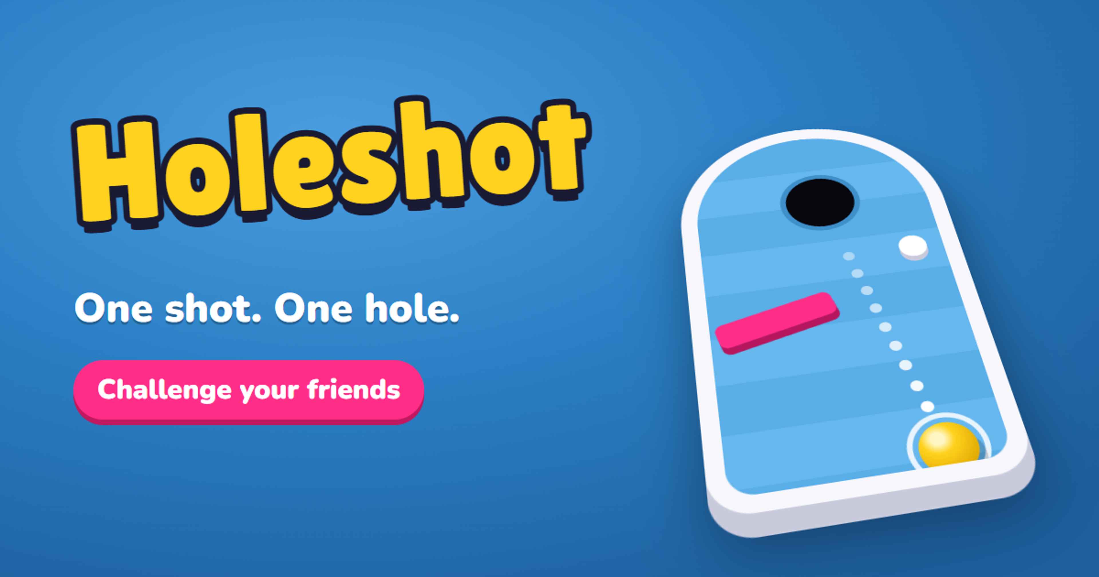 Holeshot title card: a ball's dotted path curving past a bumper into the hole