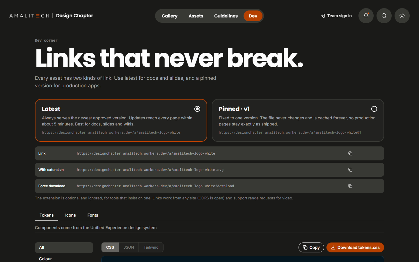 The Dev corner: “Links that never break”, with latest and pinned links and design tokens