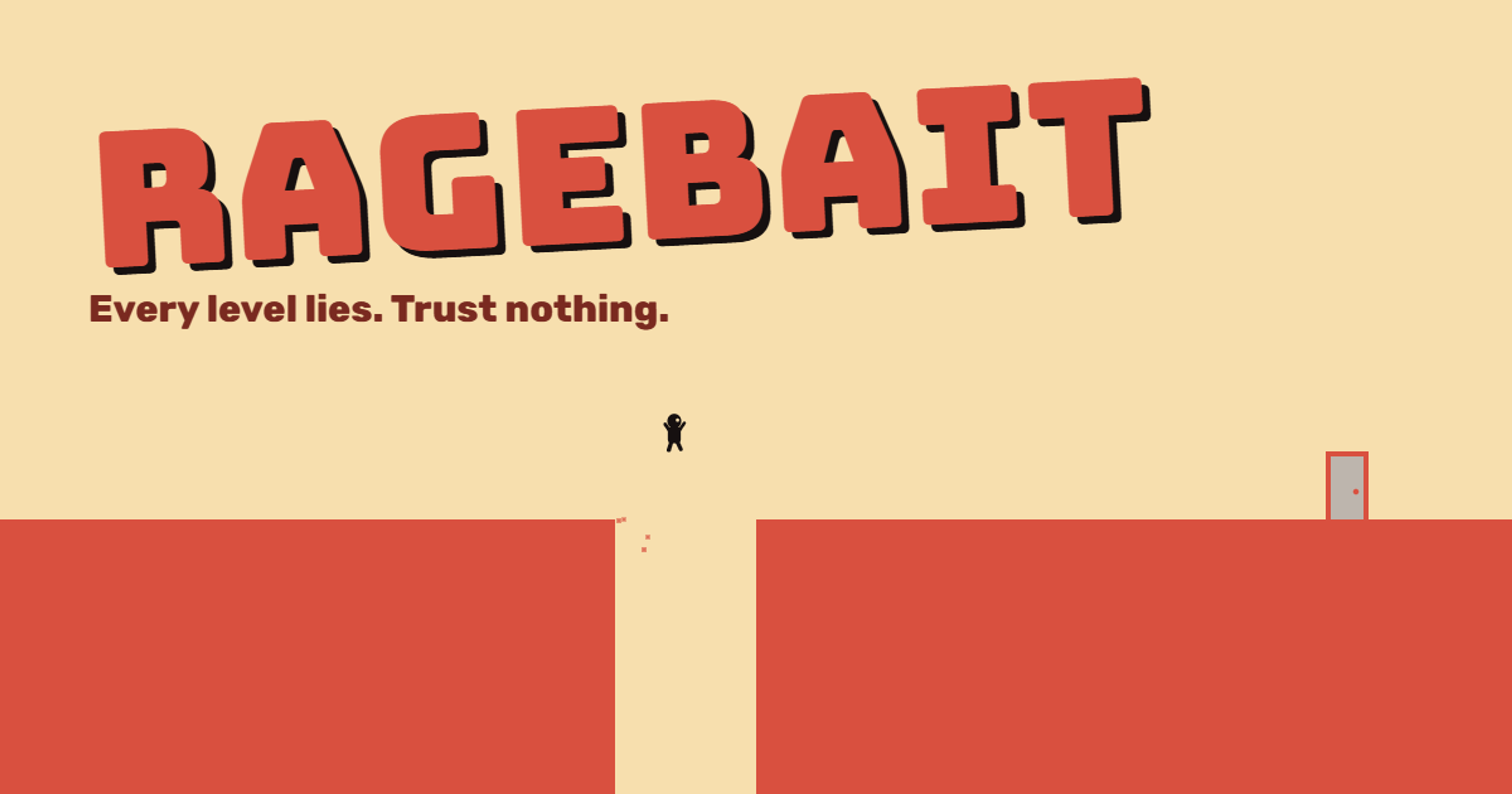 Ragebait title card: a tiny runner jumps a gap towards a door