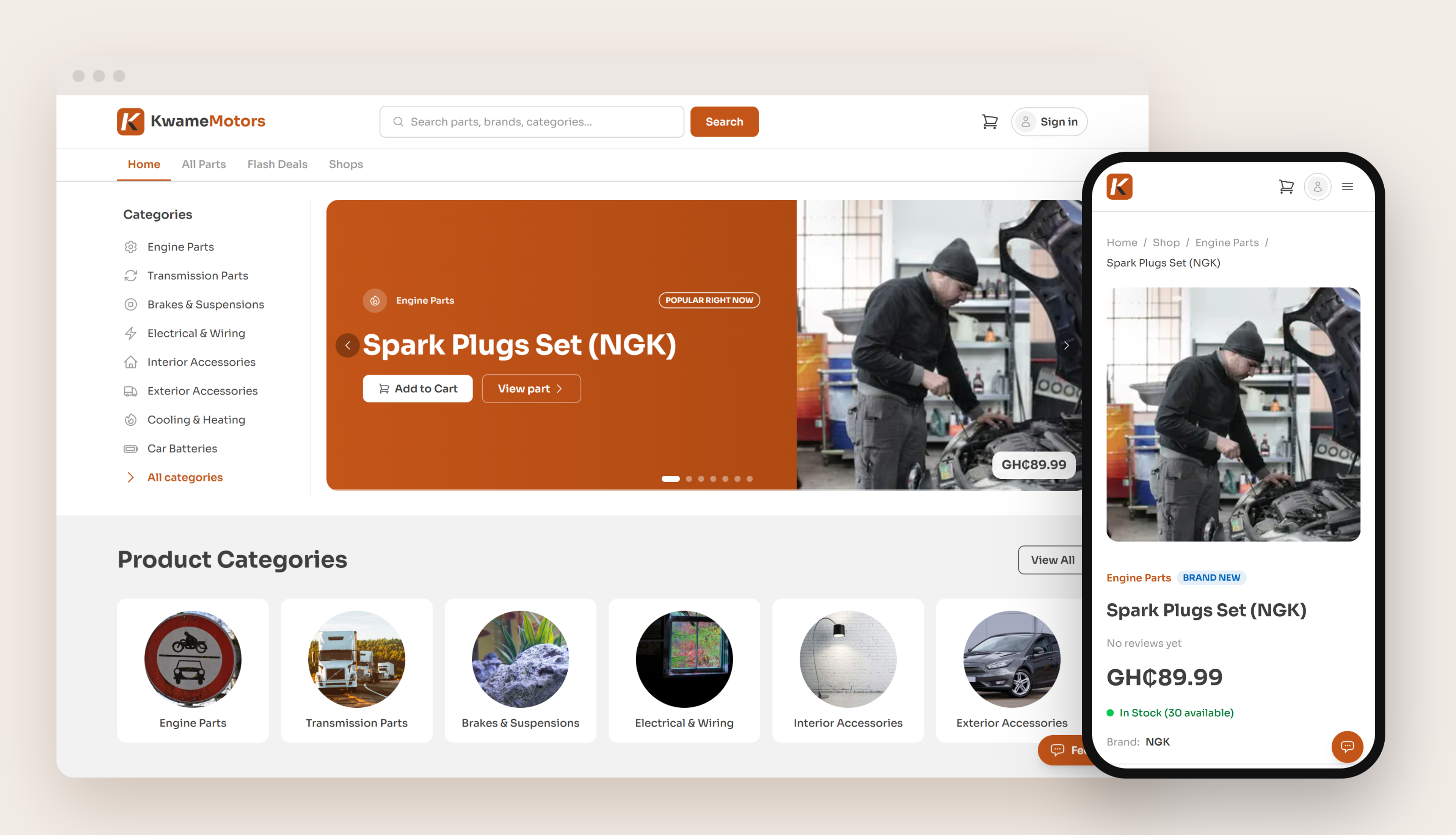 The Kwame Motors storefront on desktop, with a spark plug set open on a phone beside it