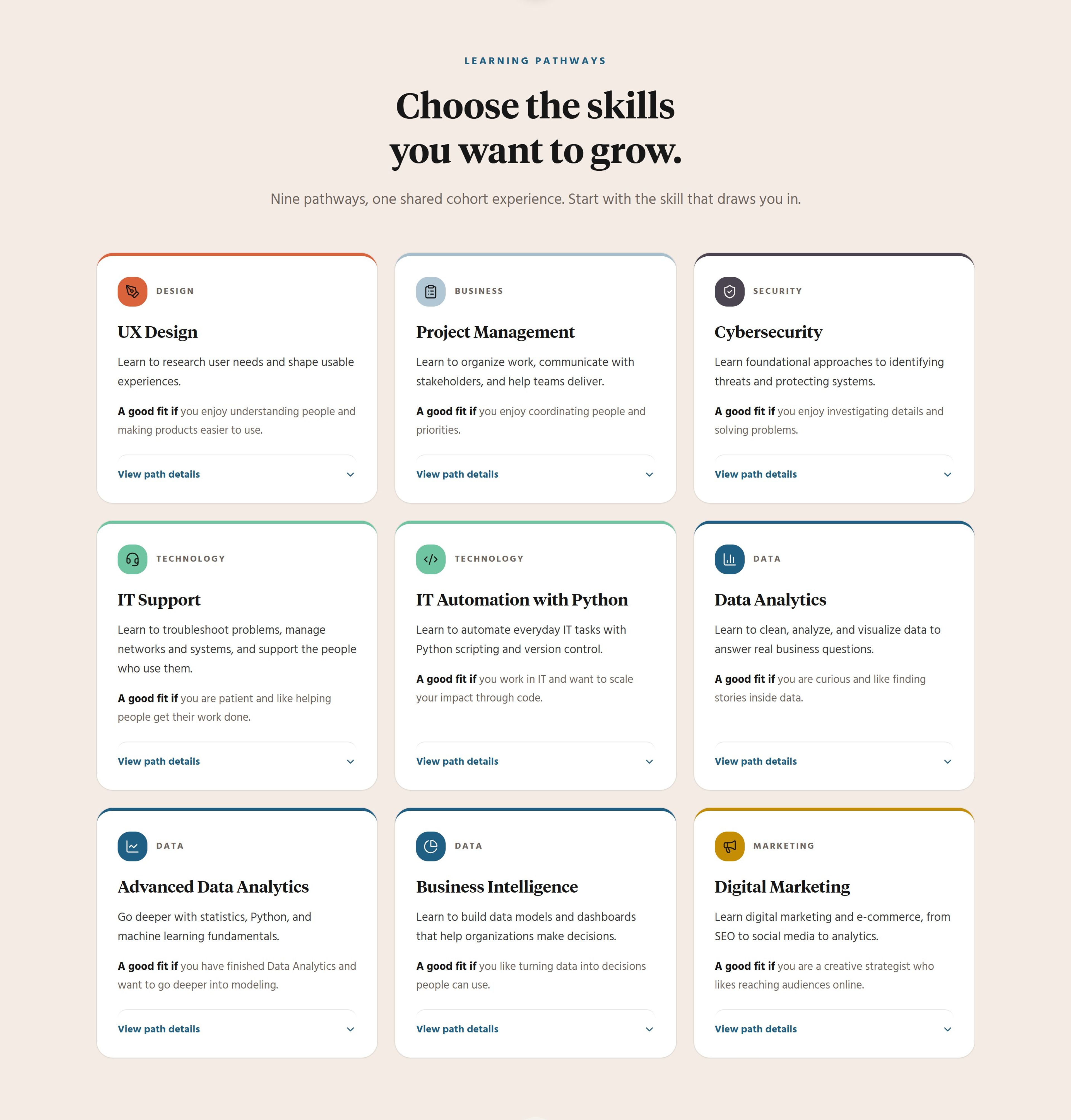 Grid of Google learning pathways: UX Design, Project Management, Cybersecurity, IT Support, Python automation, Data Analytics, Business Intelligence and Digital Marketing