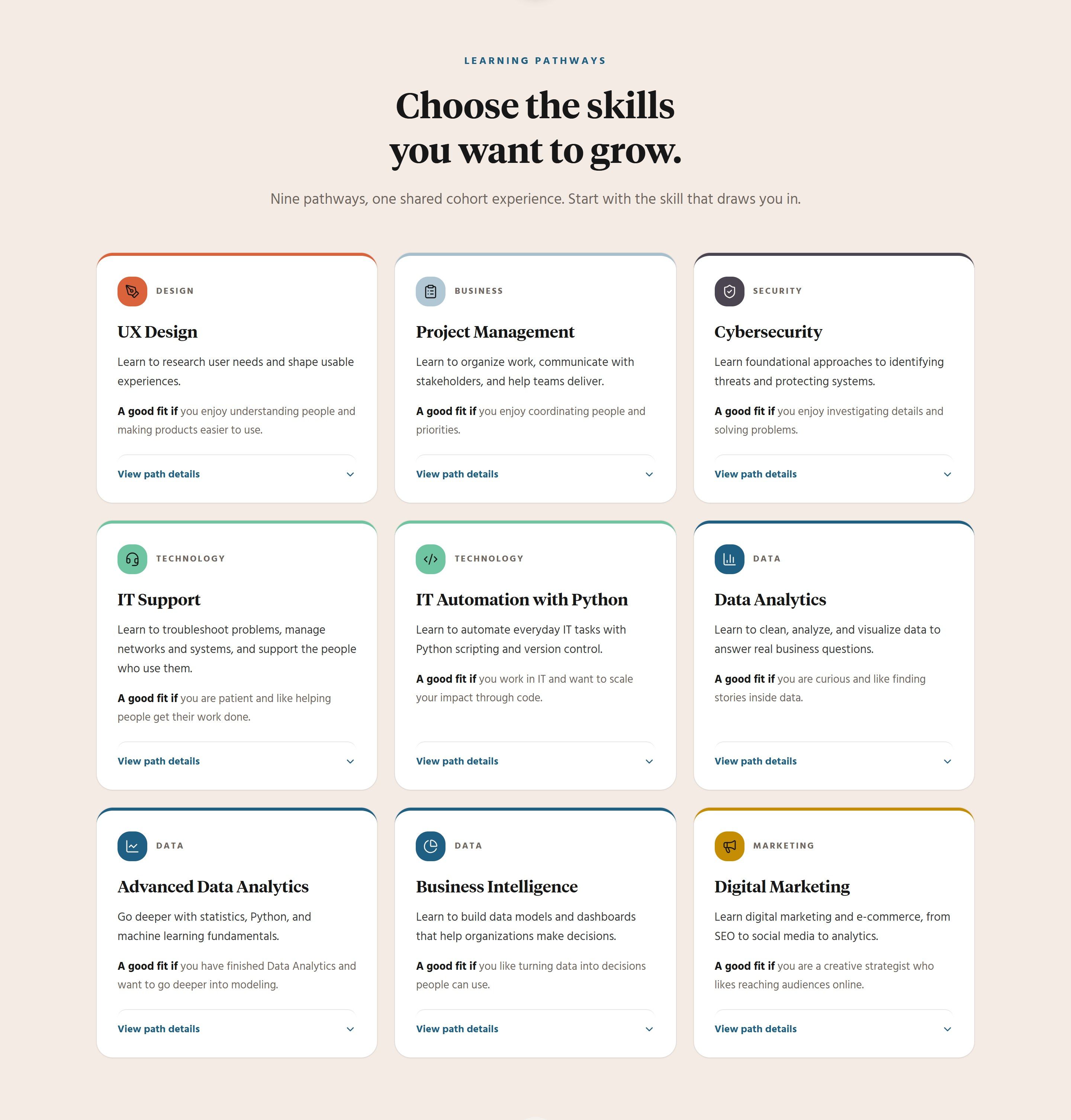 Grid of Google learning pathways: UX Design, Project Management, Cybersecurity, IT Support, Python automation, Data Analytics, Business Intelligence and Digital Marketing