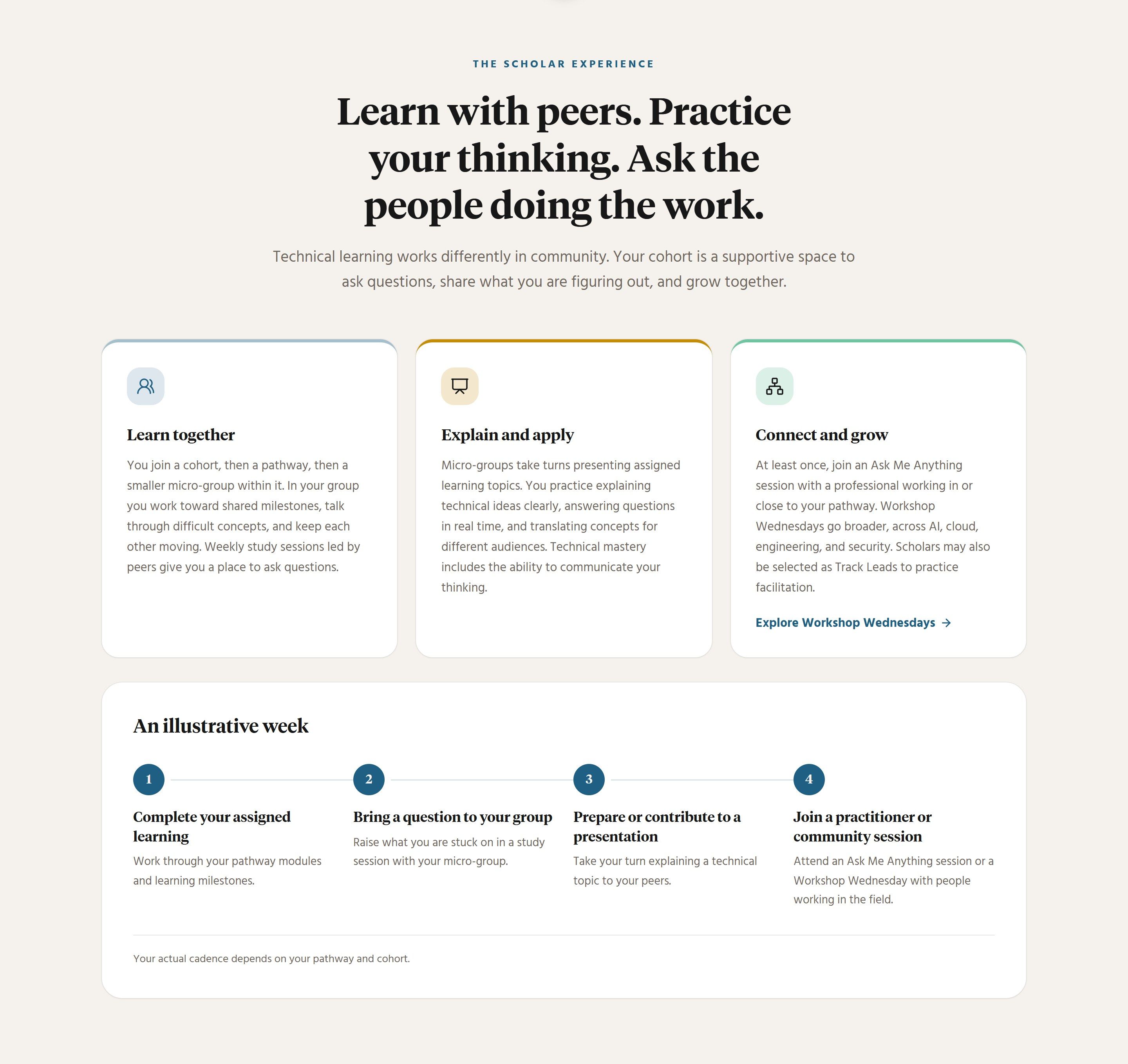 The scholar experience: learn together, explain and apply, connect and grow, with an illustrative week