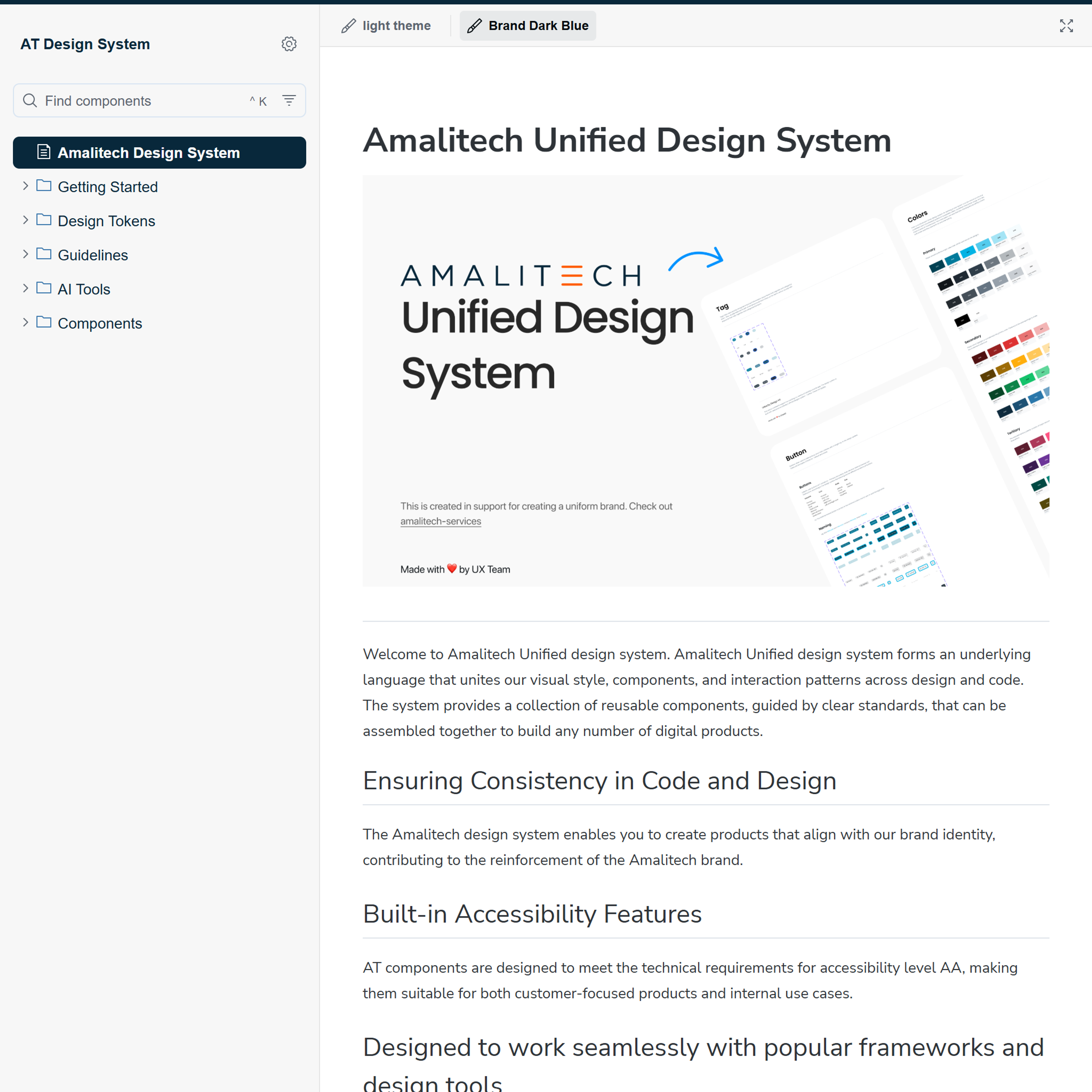 The AmaliTech Unified Design System’s Storybook, open on its introduction page