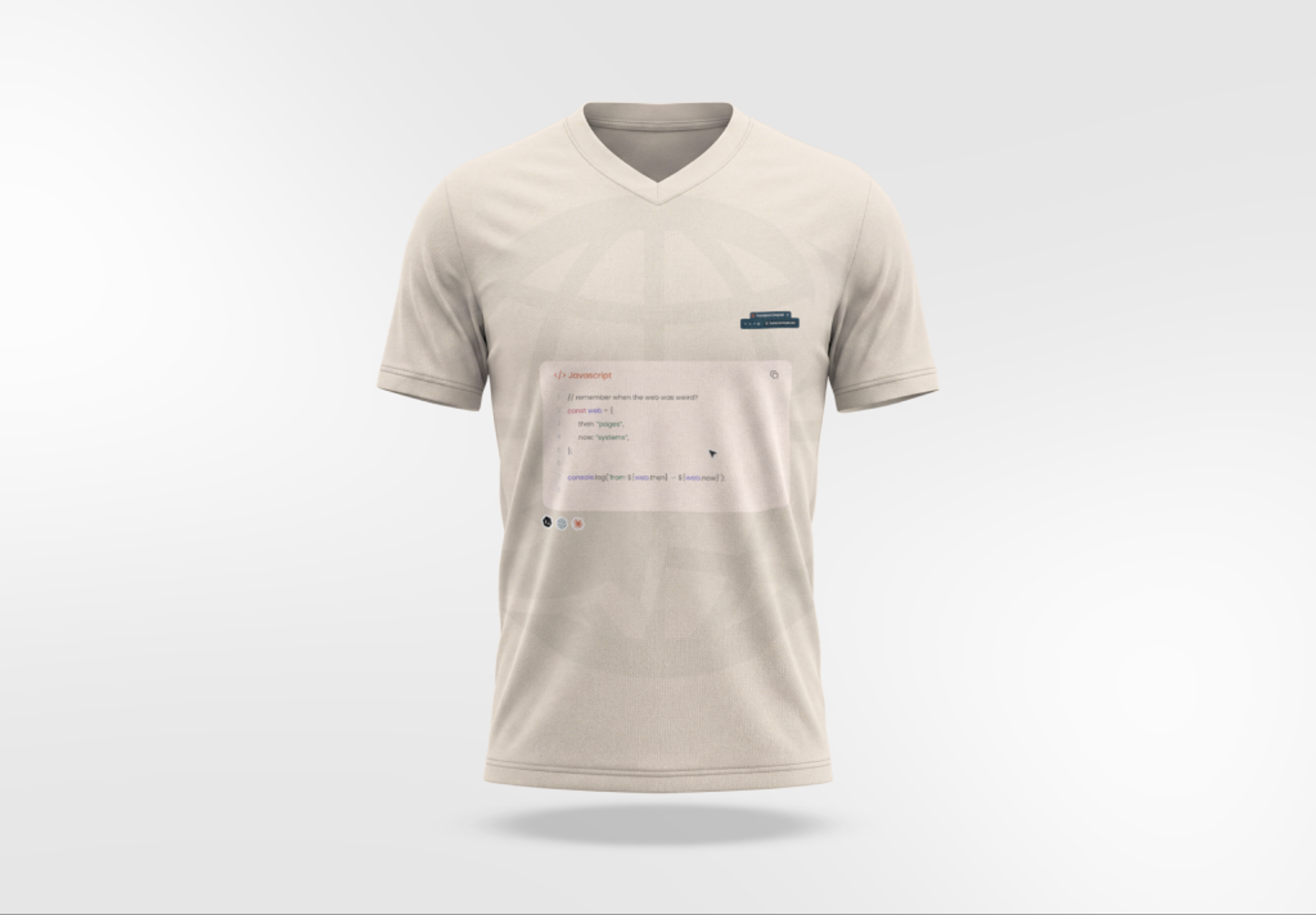 A JavaScript code-editor shirt: “remember when the web was weird?” written as code