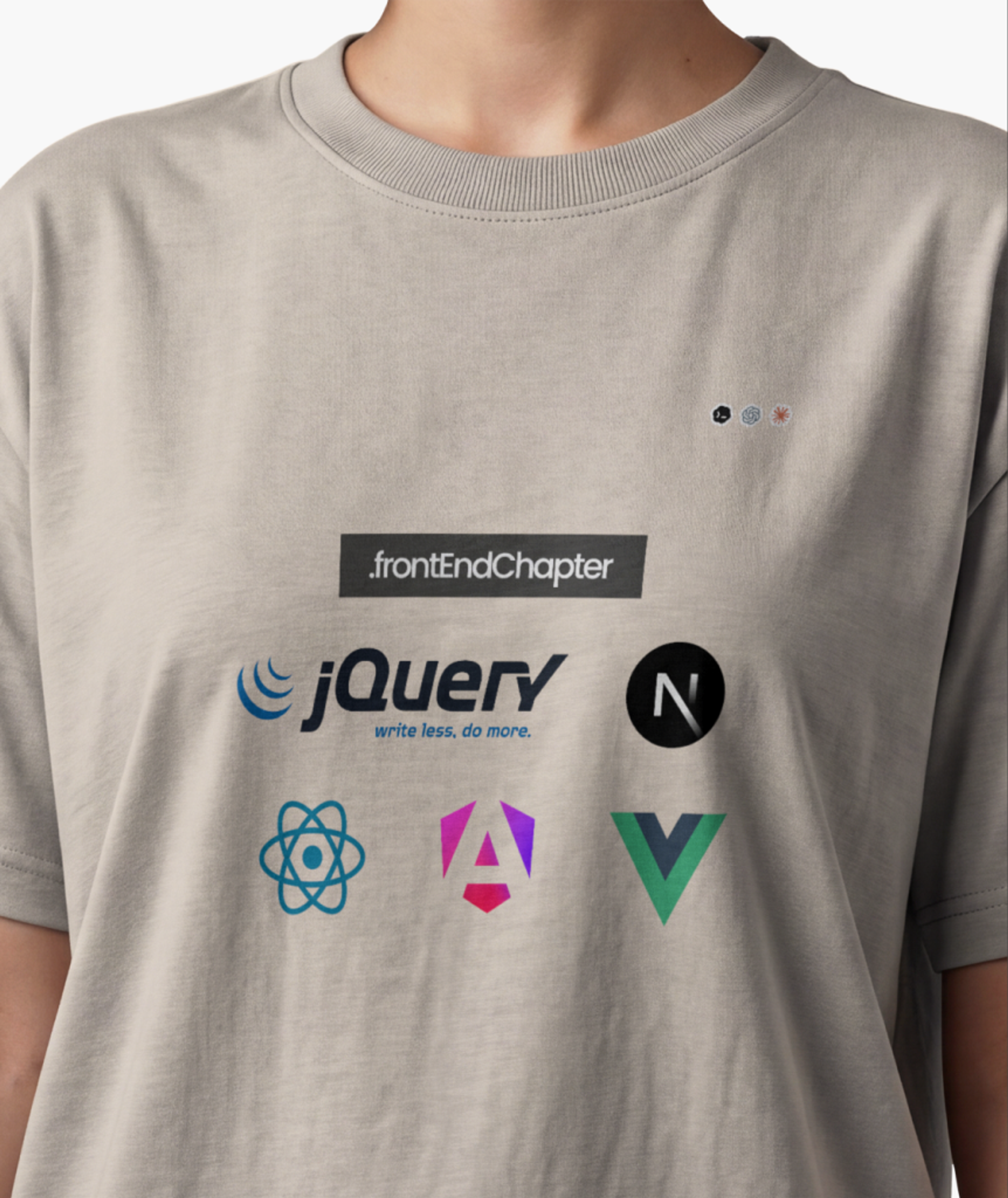 The .frontEndChapter shirt, with jQuery, Next.js, React, Angular and Vue