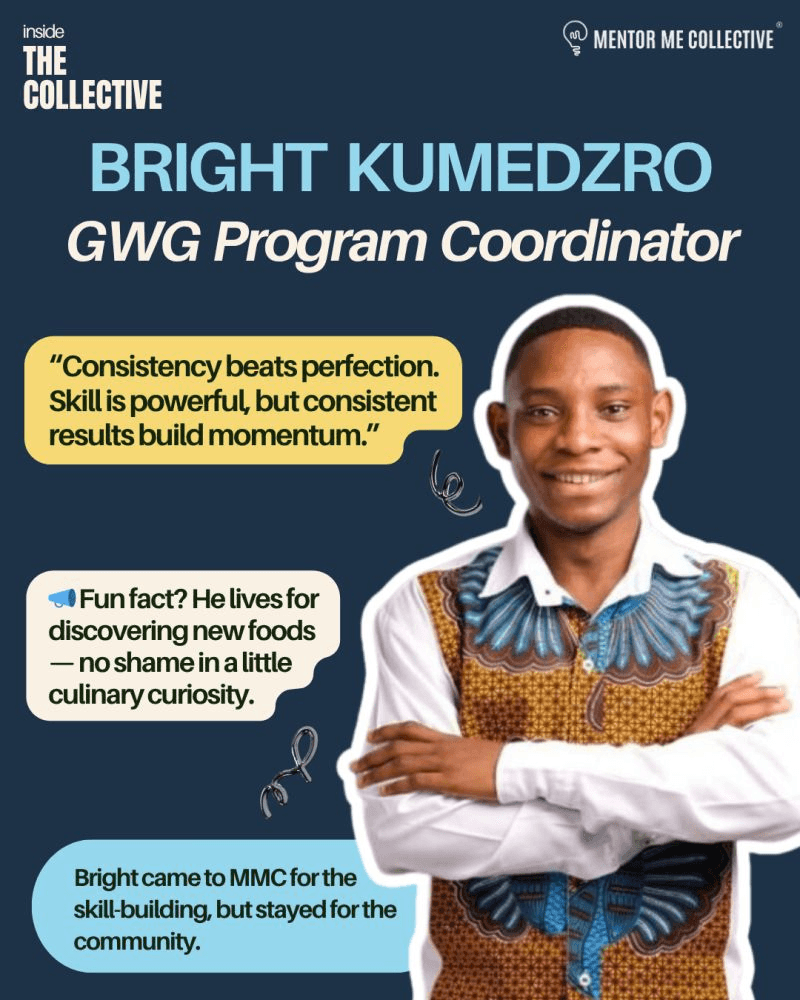 Inside the Collective feature on Bright Kumedzro with a quote: consistency beats perfection