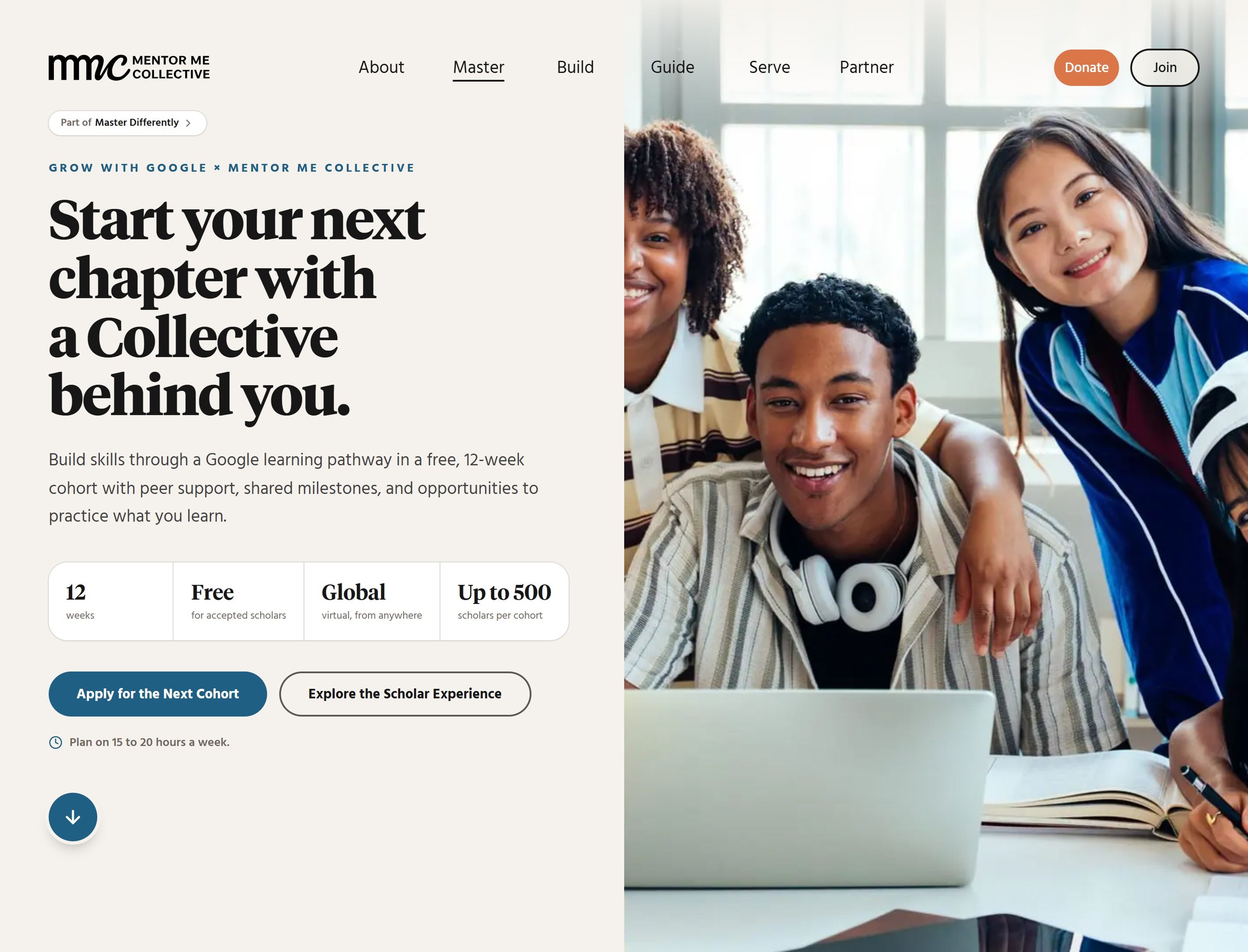 Grow with Google × Mentor Me Collective program page: start your next chapter with a Collective behind you