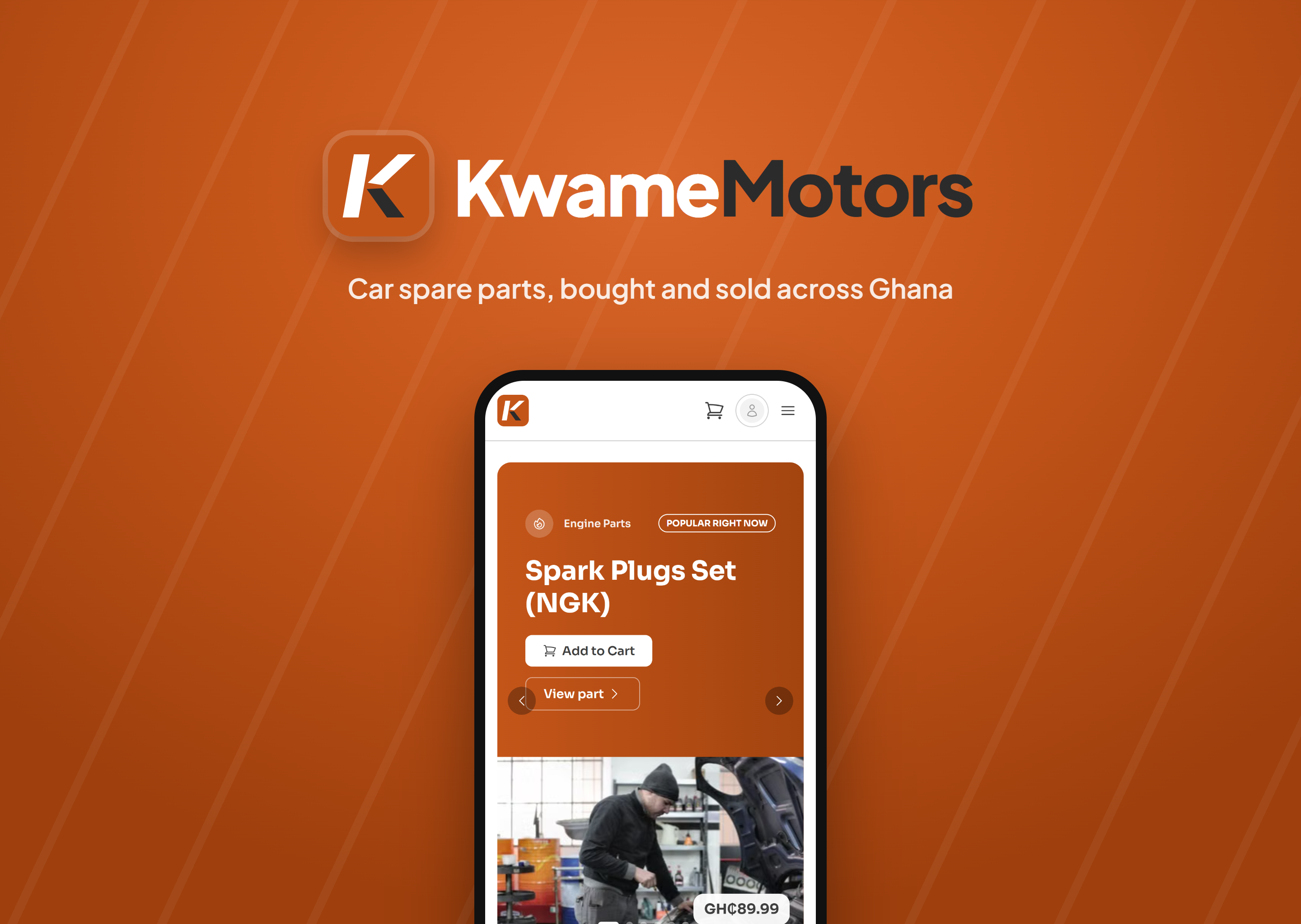 Kwame Motors logo above a phone showing the storefront