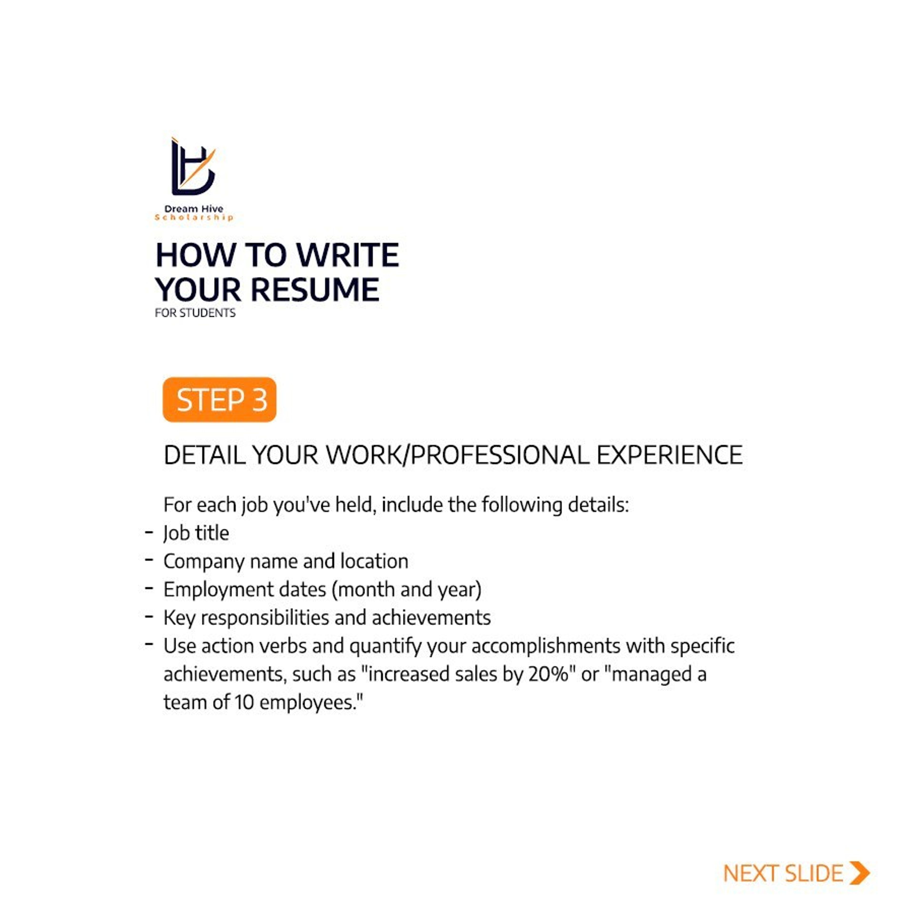 Dream Hive Scholarship: Guide: writing your résumé (carousel)