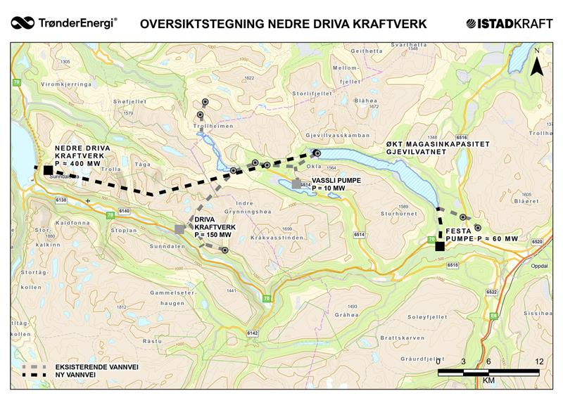 Oversiktstegning for Nedre Driva Kraftverk som viser hvor kraftstasjonene og tunnelen vil bli plassert.