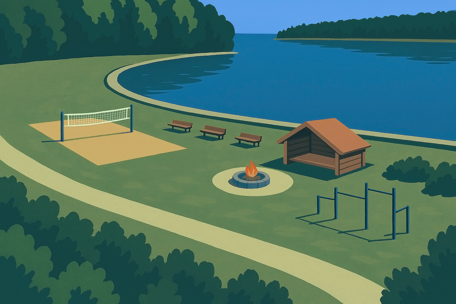 Illustrasjon som viser hvordan et rekreasjonsområde ved utløpet fra vannkraftverket kan se ut