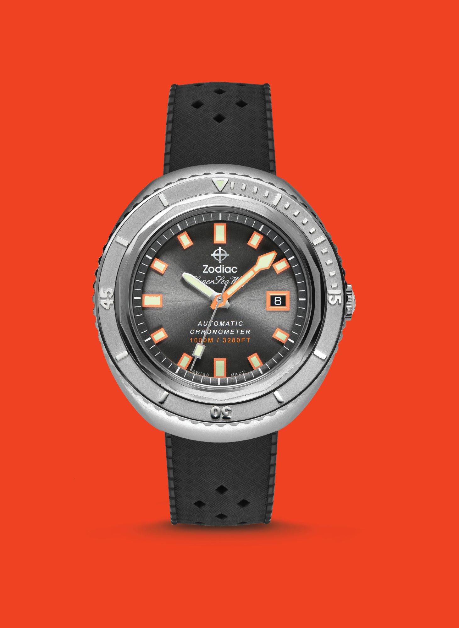 Zodiac Super Sea Wolf watch on a solid red background