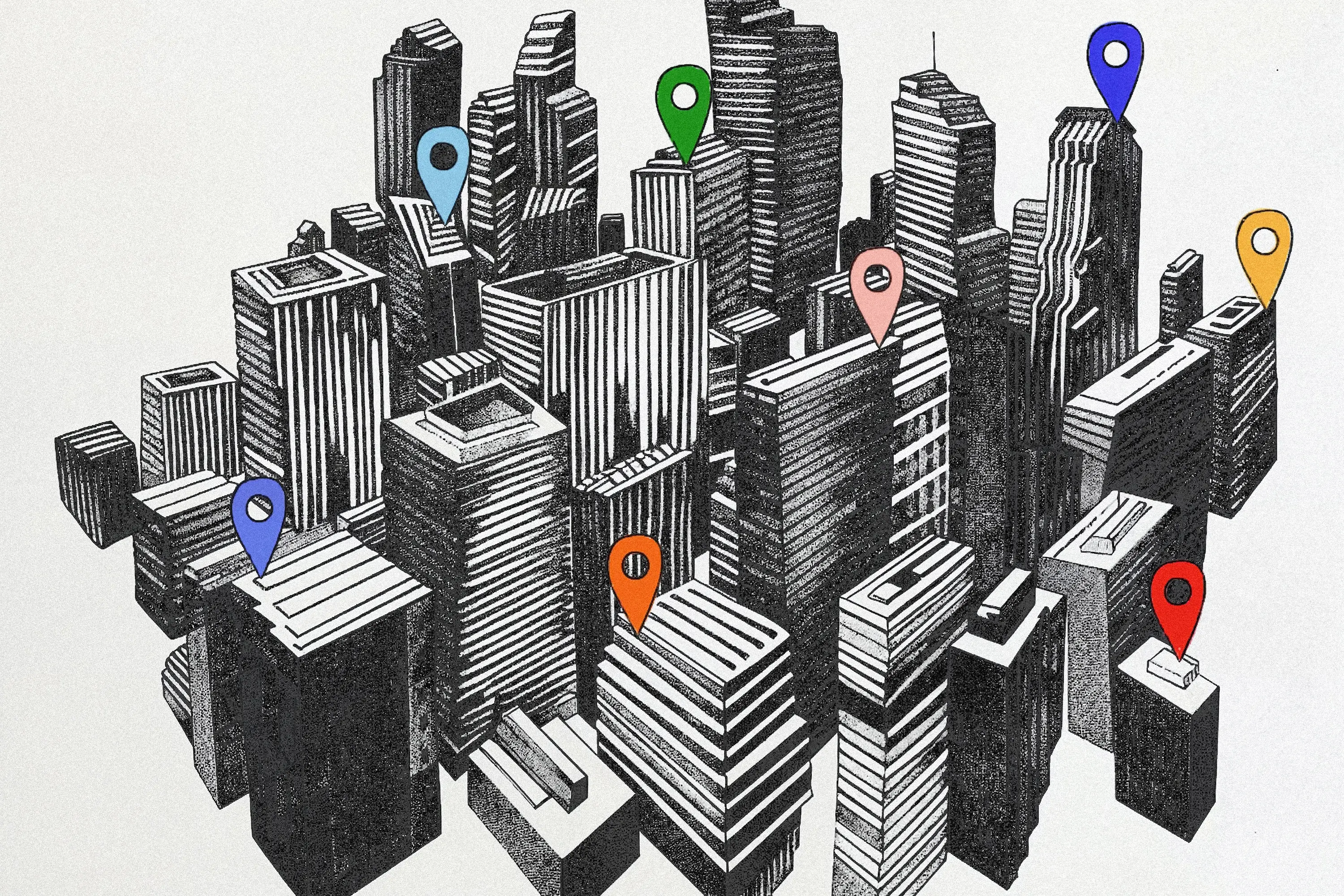 Cityscape with colored location pins on buildings