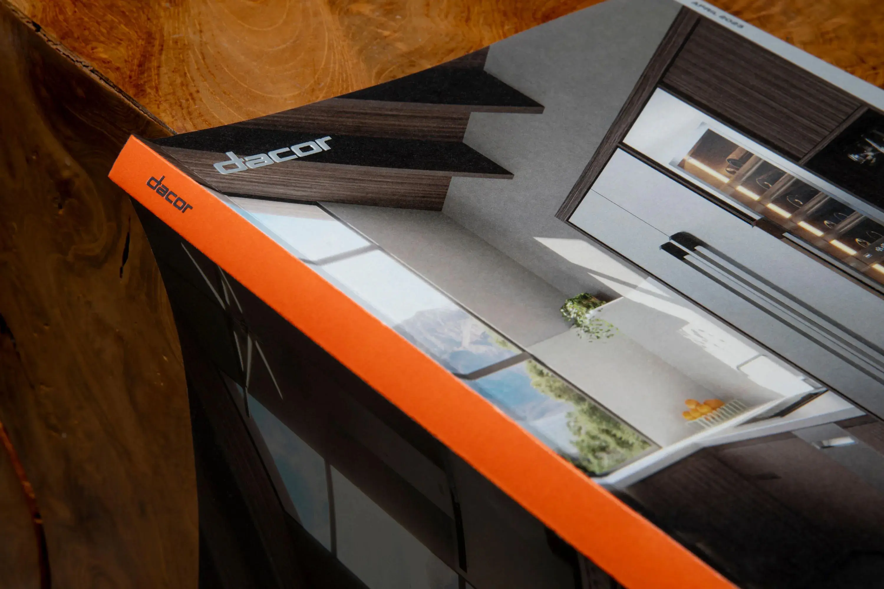 Dacor catalog sitting on a wood table
