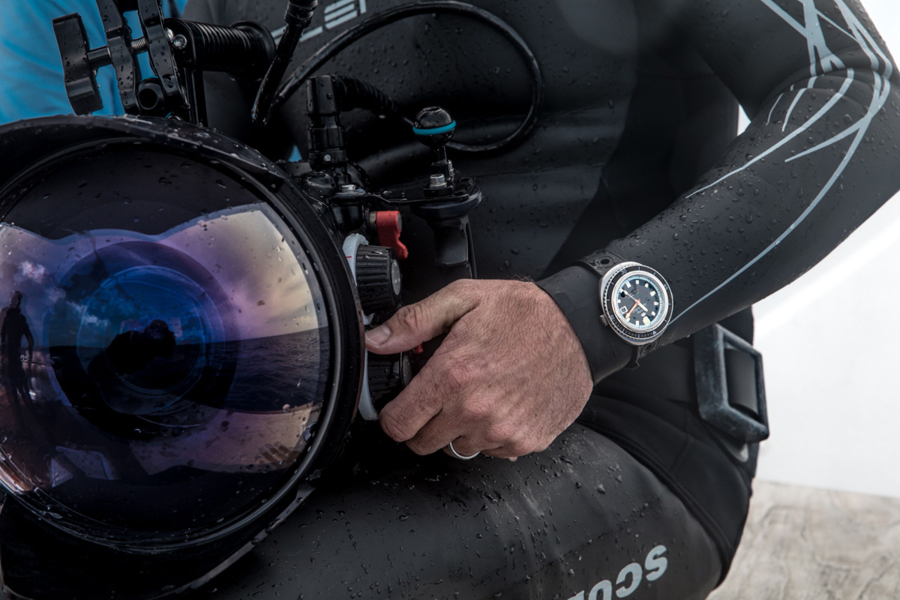 Diver wearing a Super Sea Wolf watch preparing gear
