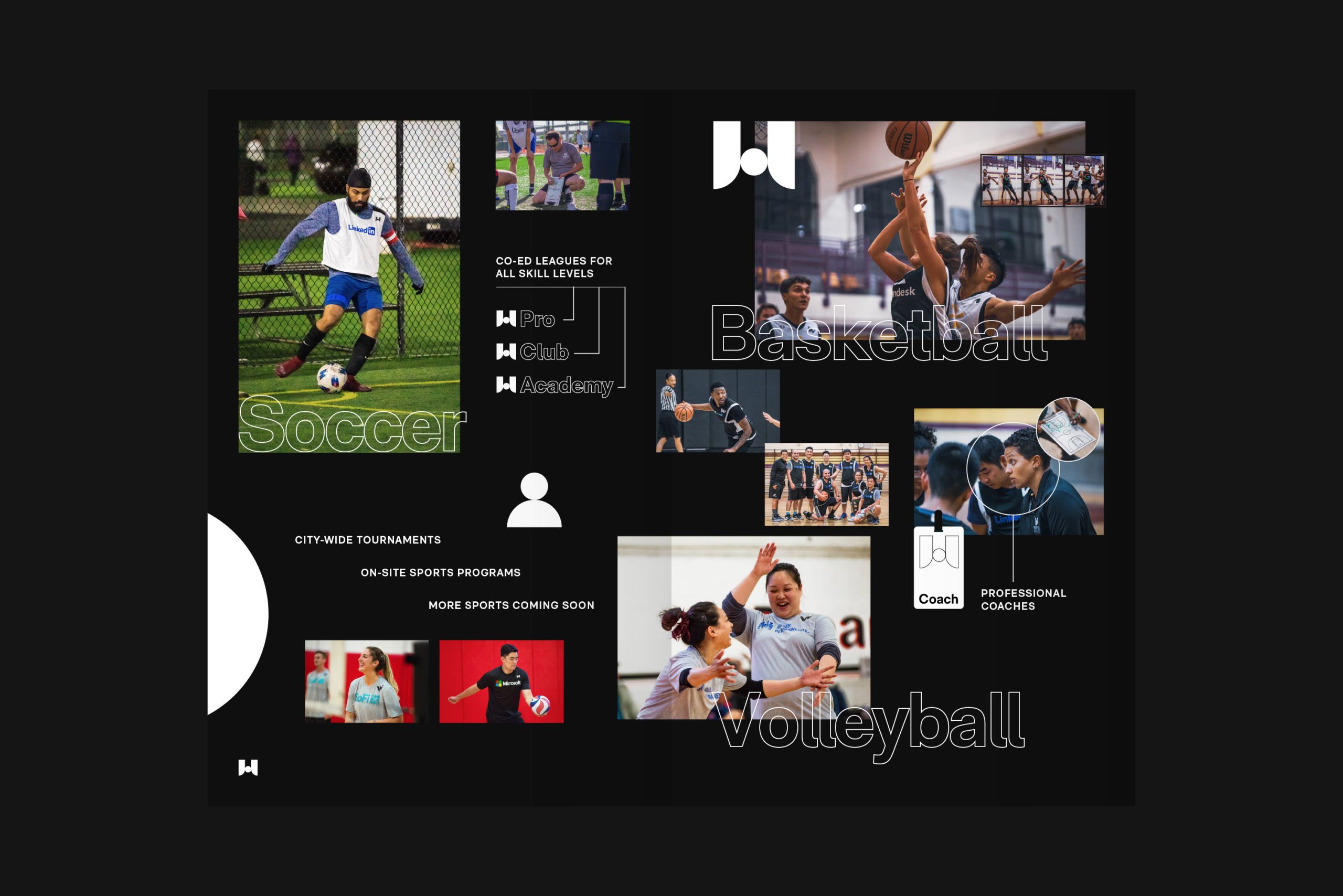 A collage of photos including WFA volleyball, soccer, and basketball players