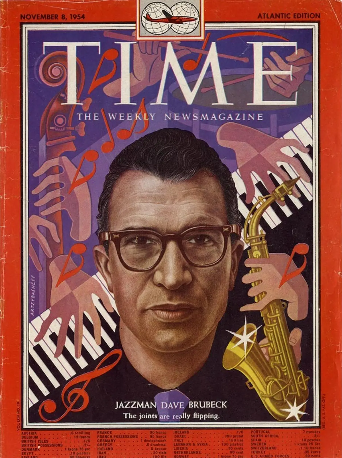 Portada de la revista TIME dedicada a Dave Brubeck, publicada el 8 de noviembre de 1954. Ilustración de Boris Artzybasheff.