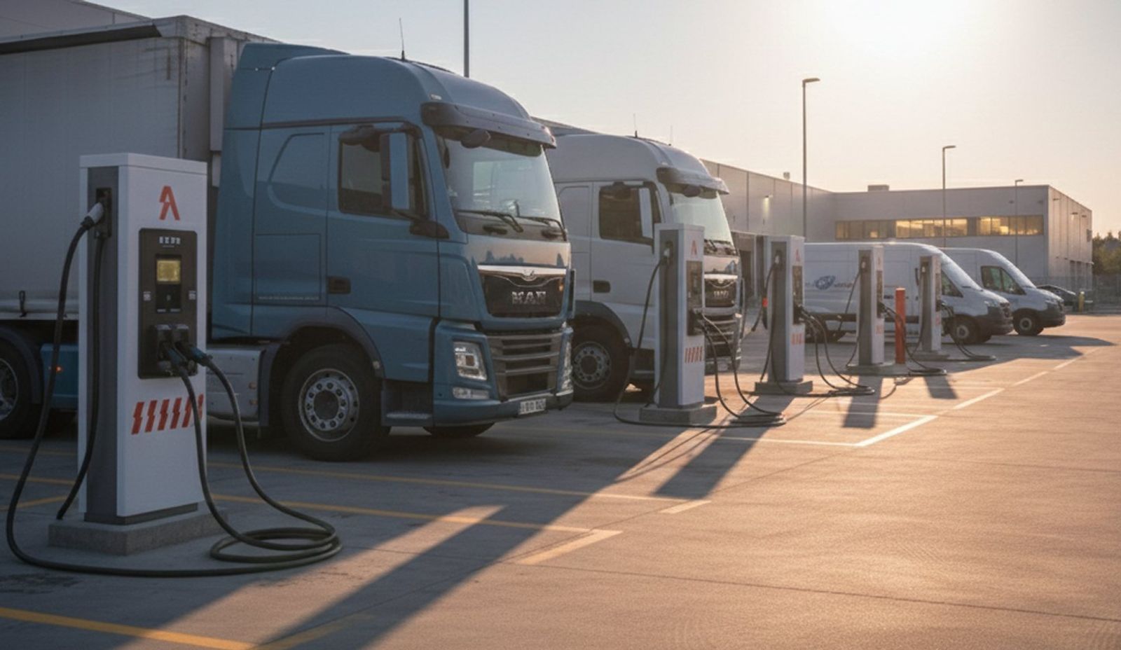 Vrachtwagens en bestelwagens staan aan een rij laadpalen op een depot bij zonsondergang.