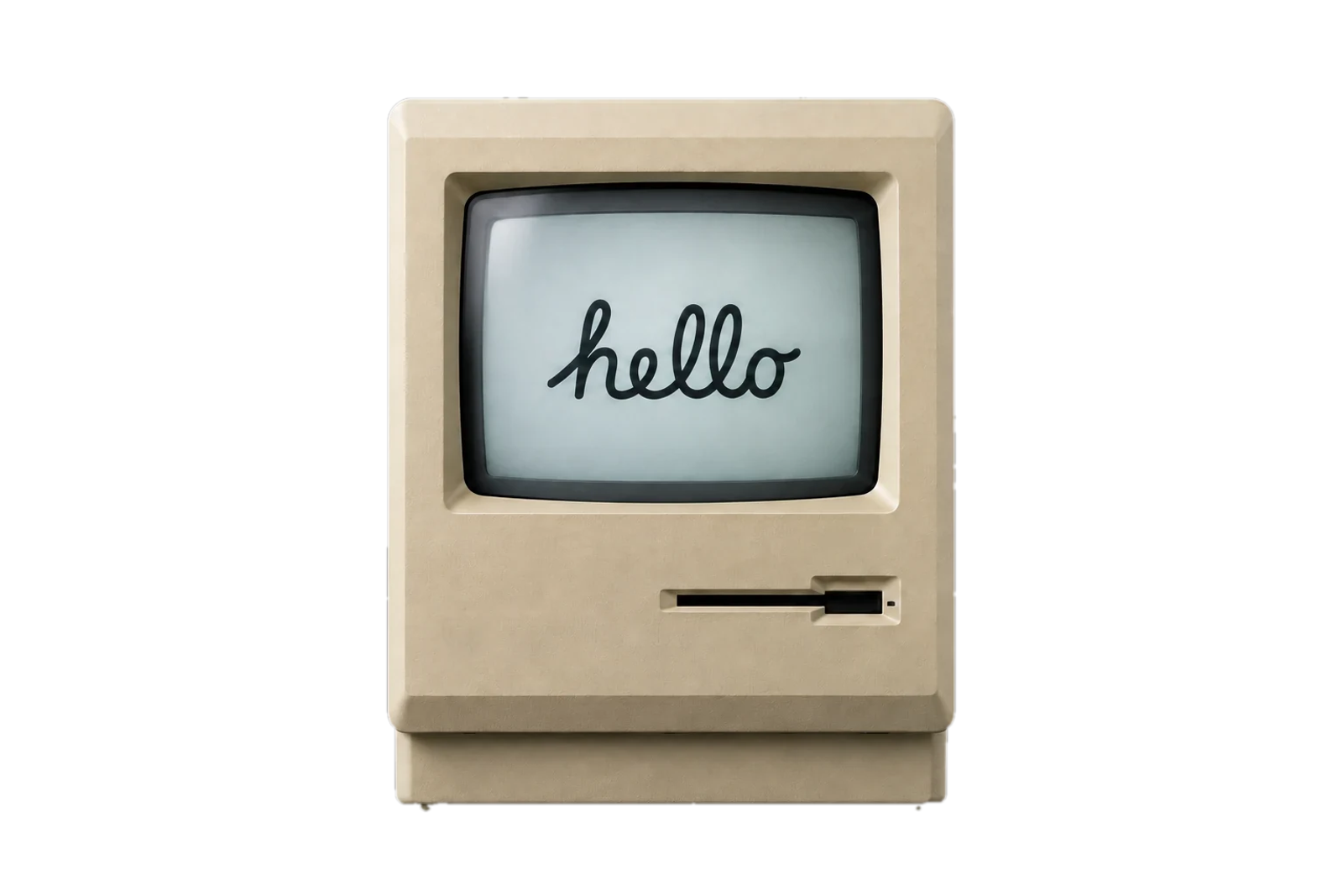 Een vintage computer met het woord hello op het scherm.