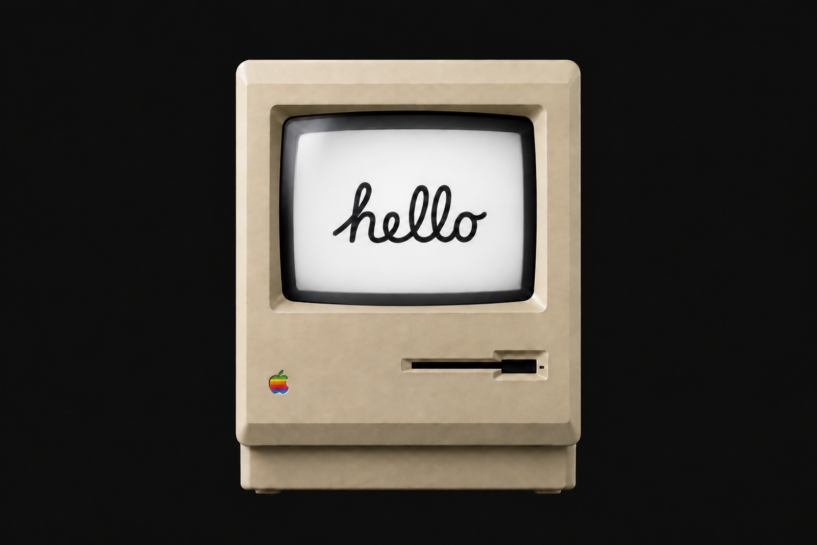 A black vintage computer showing the word hello on its screen.