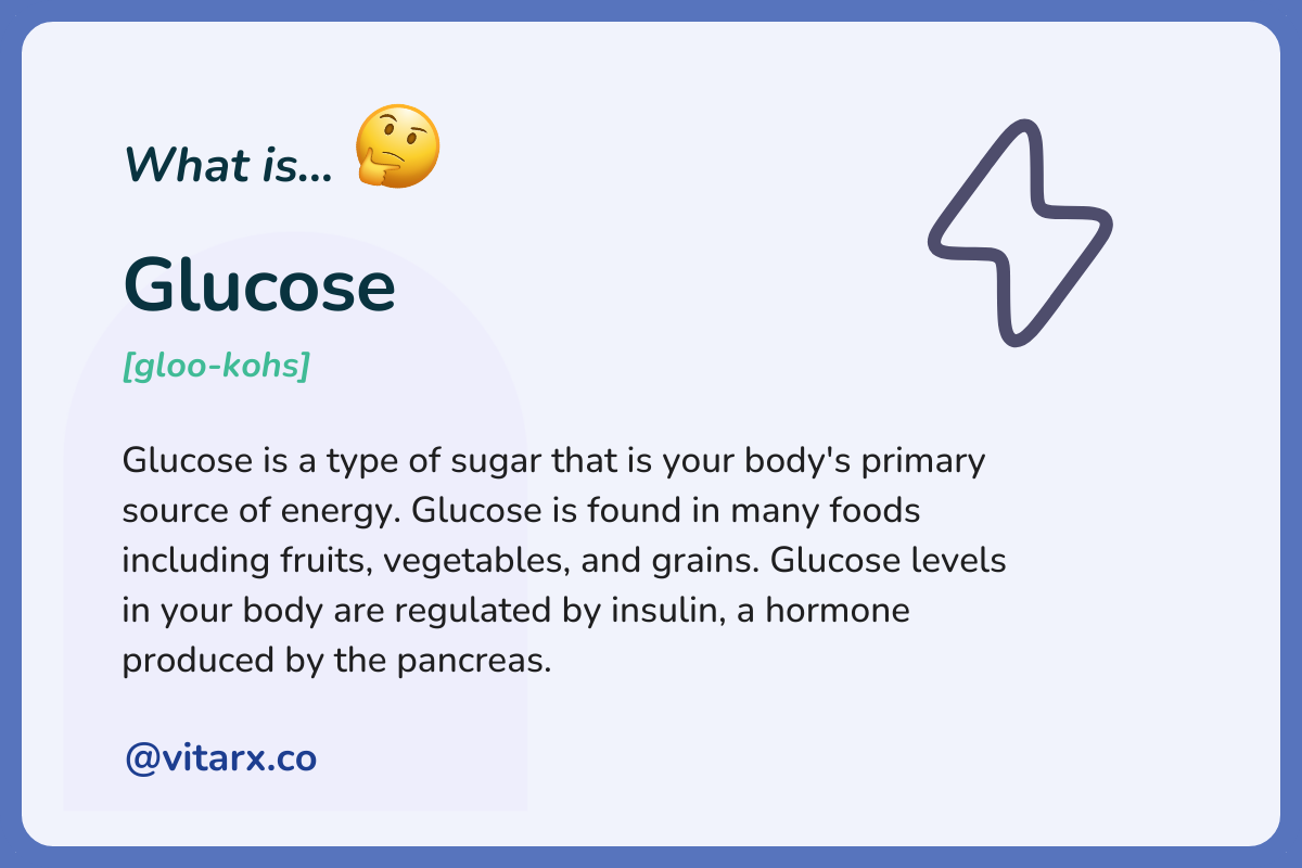 Glucose: Glucose is a type of sugar that is your body's primary source of energy. Glucose is found in many foods including fruits, vegetables, and grains. Glucose levels in your body are regulated by insulin.