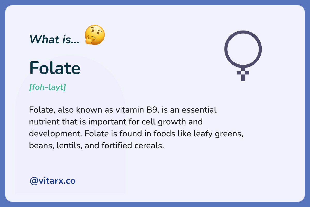 Folate: Folate, also known as vitamin B9, is an essential nutrient that is important for cell growth and development. Folate is found in foods like leafy greens, beans, lentils, and fortified cereals.