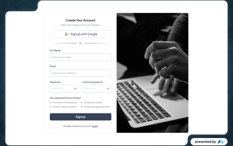 Aerokit UI Signup04 Dual Pane