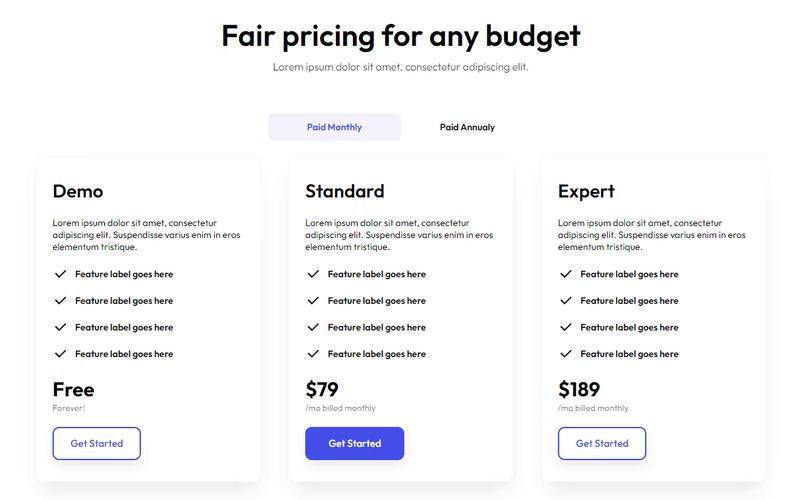 Components Pricing Table