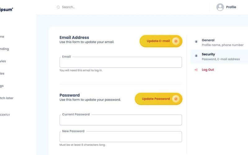 Video Streaming Dashboard and Profile