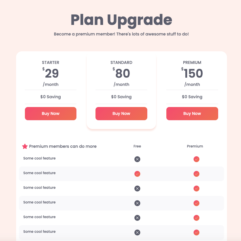 Plan Upgrade Table